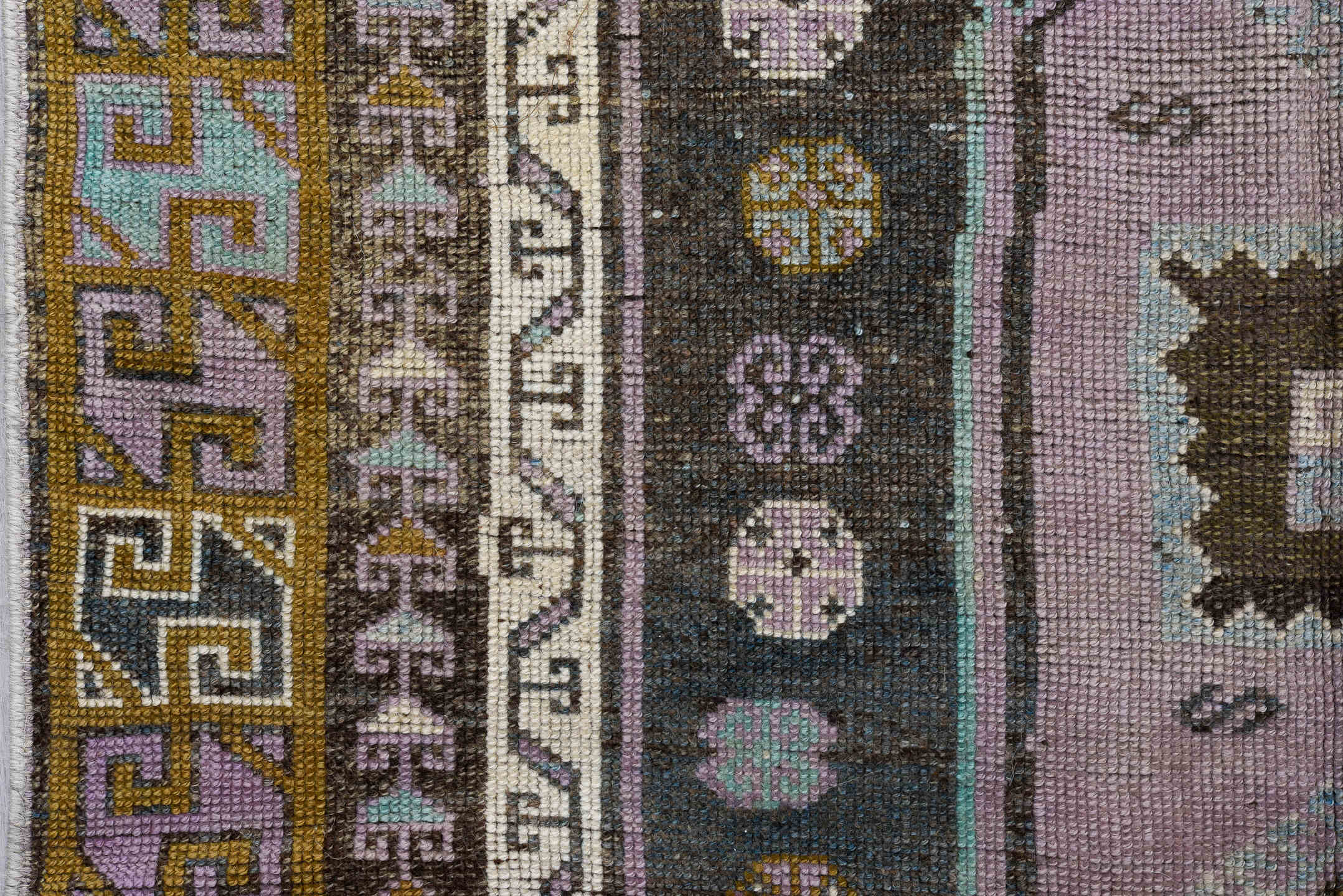 3' x 13' one-of-a-kind handmade antique Oushak runner rug. Color palette: lavender, gold, sky blue, ivory, charcoal, taupe
