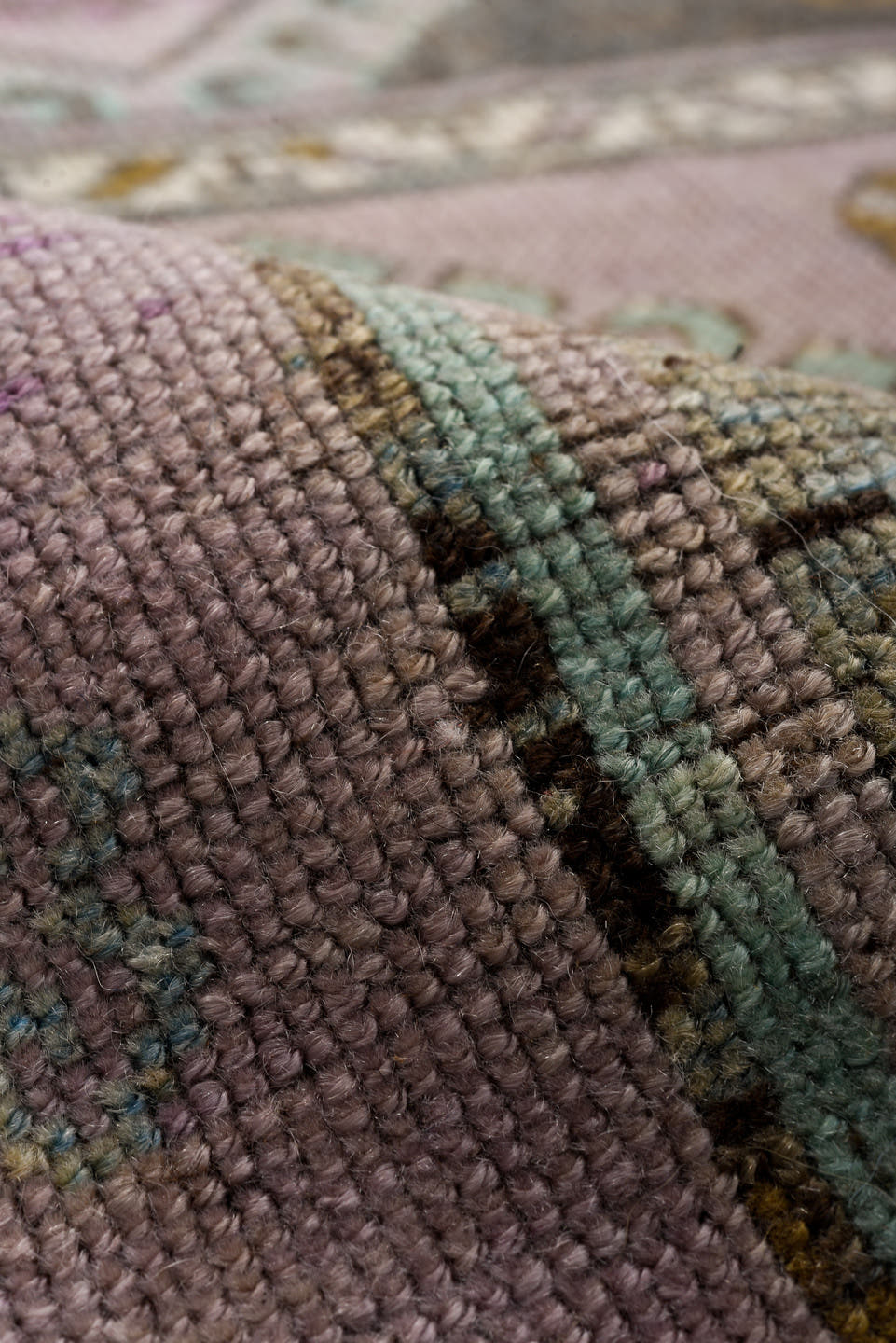 3' x 13' one-of-a-kind handmade antique Oushak runner rug. Color palette: lavender, gold, sky blue, ivory, charcoal, taupe