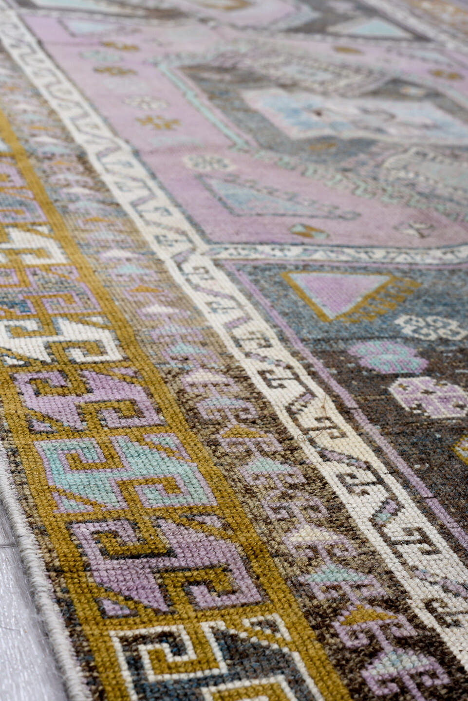 3' x 13' one-of-a-kind handmade antique Oushak runner rug. Color palette: lavender, gold, sky blue, ivory, charcoal, taupe