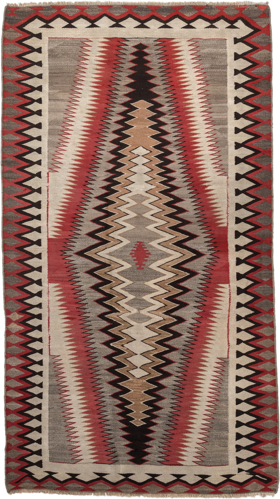 4' x 7' one-of-a-kind handmade vintage Navajo rug. Color palette: ivory, rust, taupe, charcoal, black, camel, terracotta