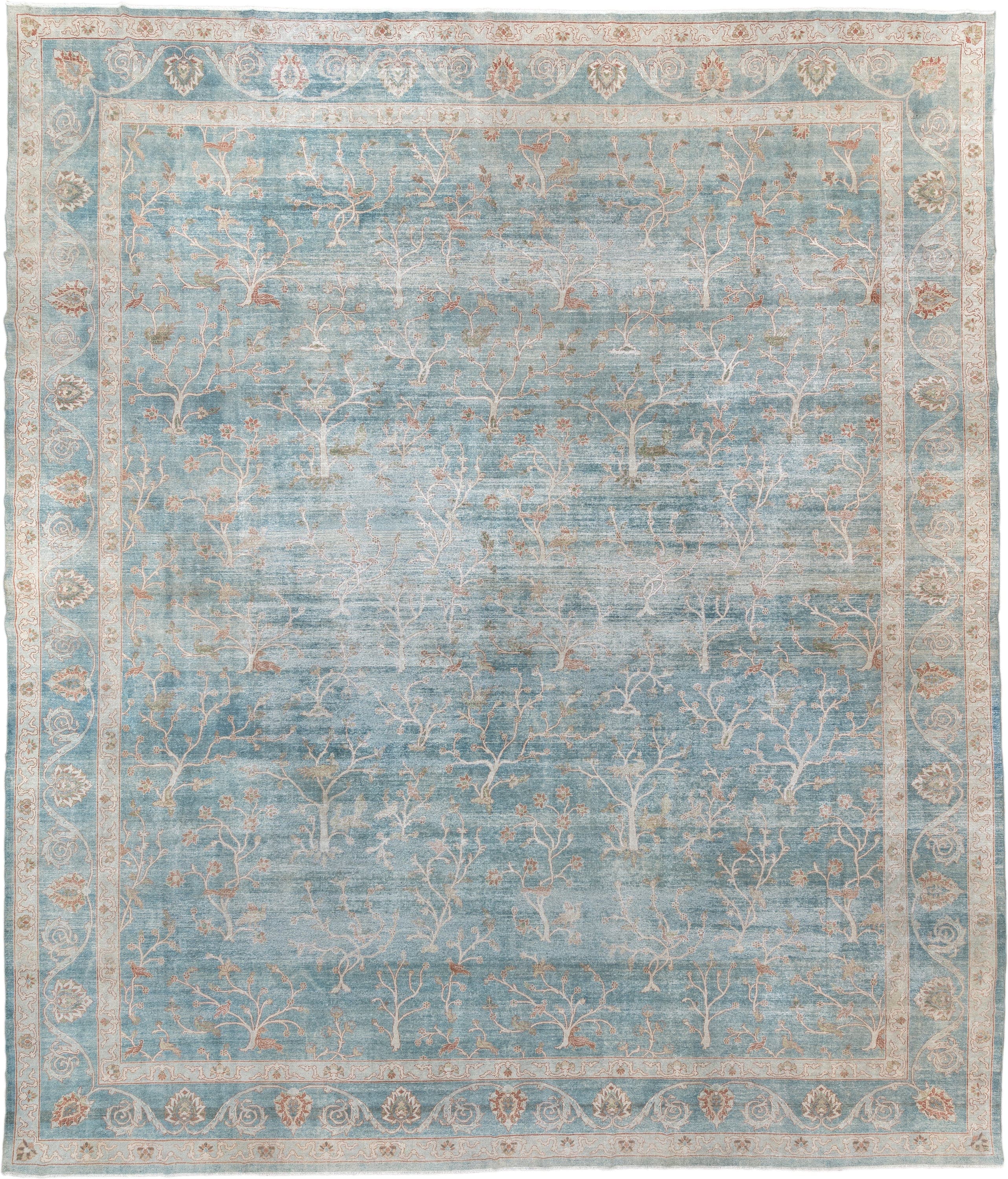 15' x 17' one-of-a-kind handmade antique Laristan oversize rug. Color palette: pale blue, ivory, blush, sage, taupe