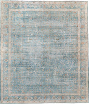 15' x 17' one-of-a-kind handmade antique Laristan oversize rug. Color palette: pale blue, ivory, blush, sage, taupe