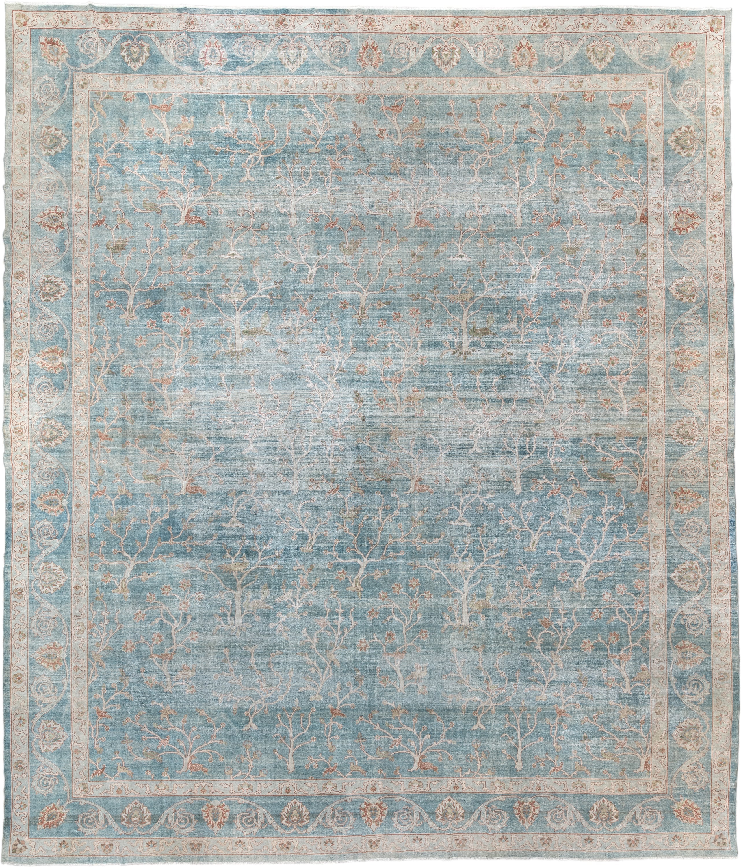 15' x 17' one-of-a-kind handmade antique Laristan oversize rug. Color palette: pale blue, ivory, blush, sage, taupe