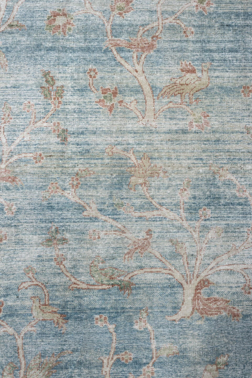 15' x 17' one-of-a-kind handmade antique Laristan oversize rug. Color palette: pale blue, ivory, blush, sage, taupe