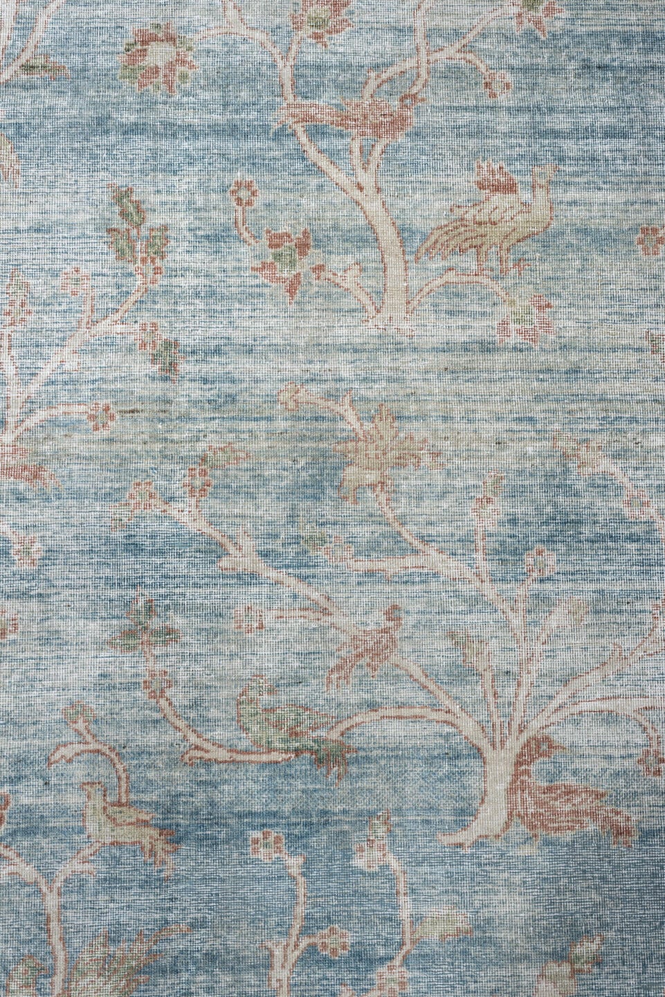 15' x 17' one-of-a-kind handmade antique Laristan oversize rug. Color palette: pale blue, ivory, blush, sage, taupe