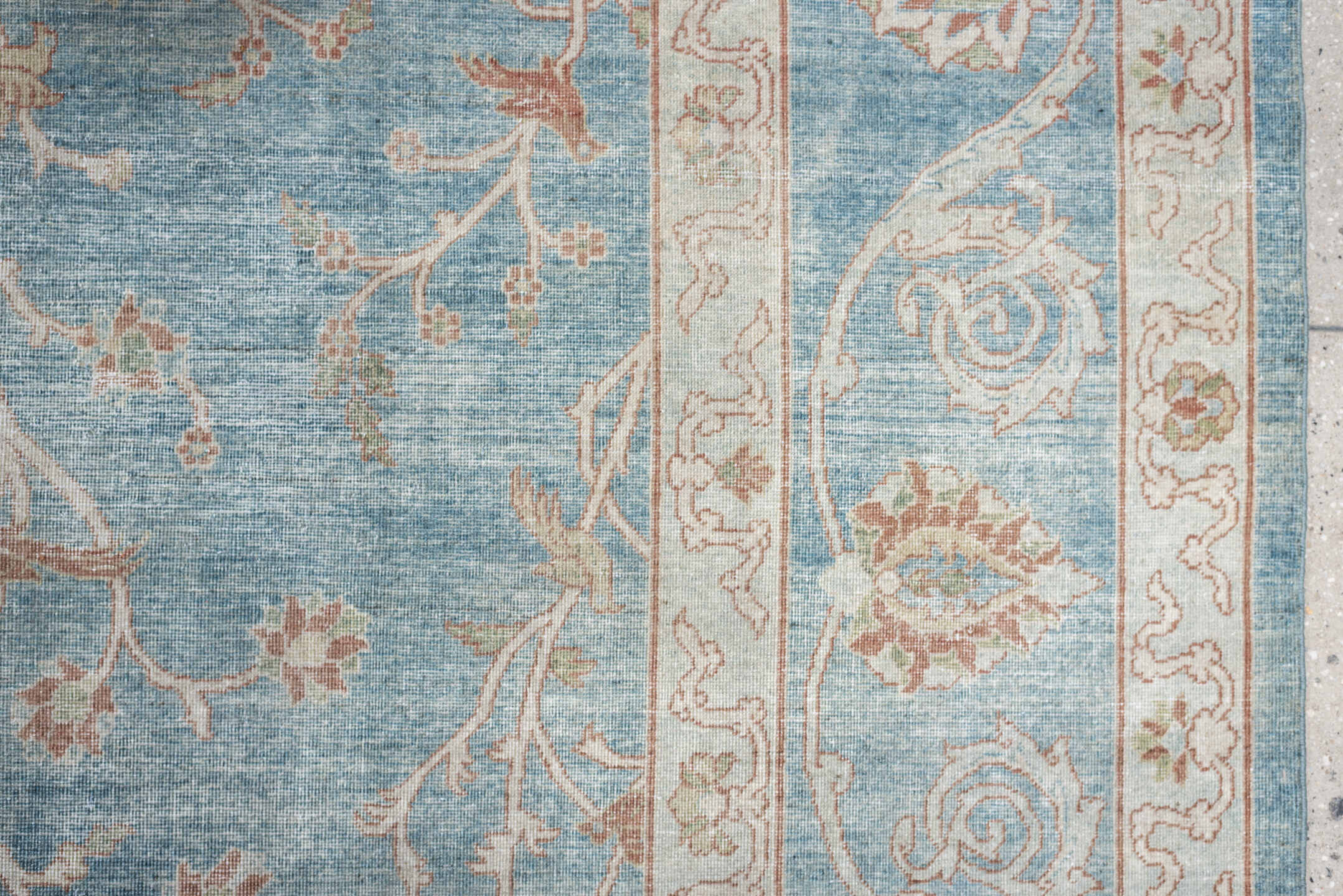 15' x 17' one-of-a-kind handmade antique Laristan oversize rug. Color palette: pale blue, ivory, blush, sage, taupe