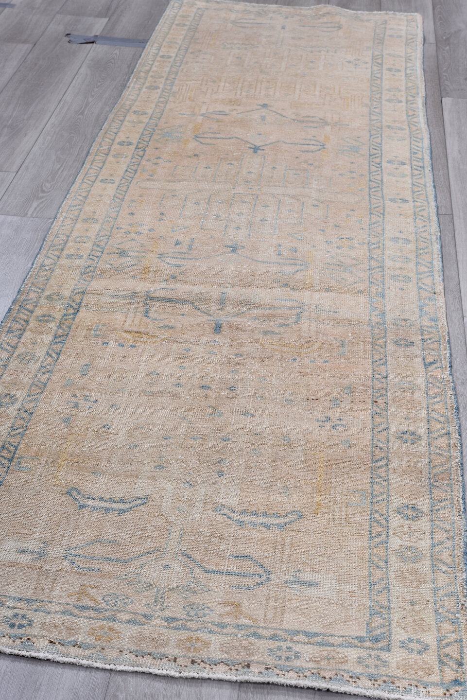 3' x 9' one-of-a-kind handmade vintage Malayer runner rug. Color palette: blue, gainsboro, gray, light gray, off-white, pink