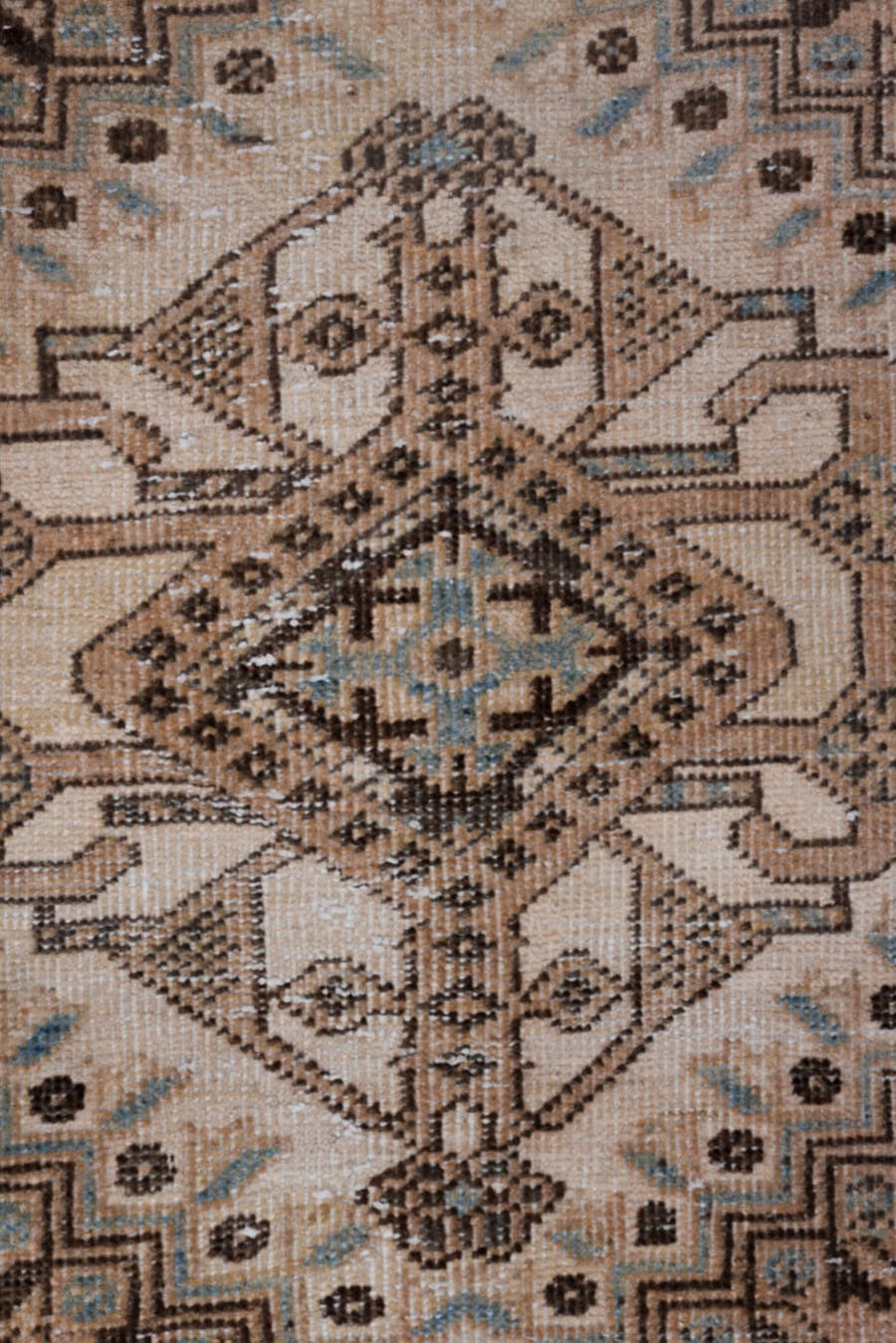 3' x 11' one-of-a-kind handmade antique Heriz runner rug. Color palette: camel, ivory, sky blue, taupe, charcoal, brown