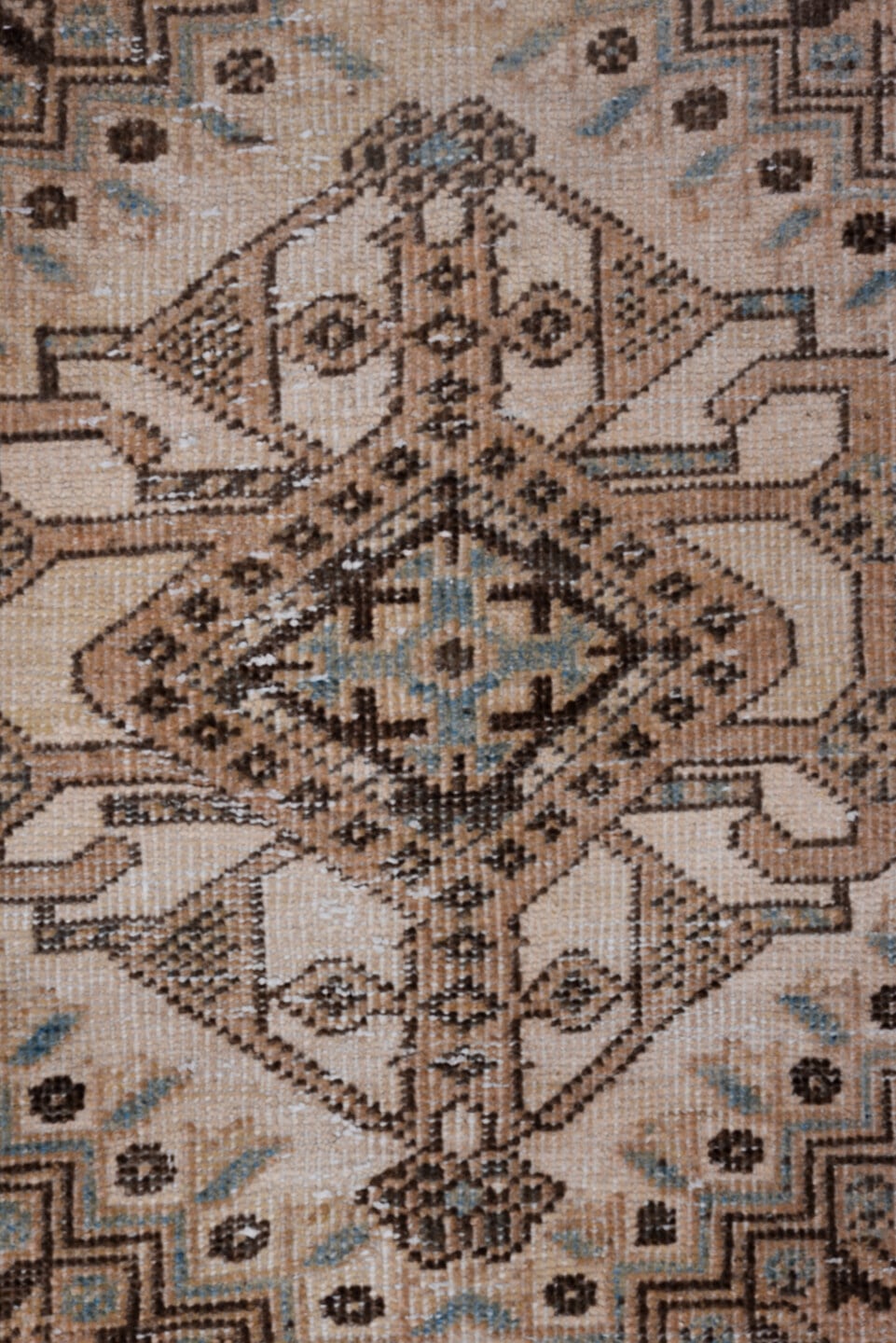 3' x 11' one-of-a-kind handmade antique Heriz runner rug. Color palette: camel, ivory, sky blue, taupe, charcoal, brown