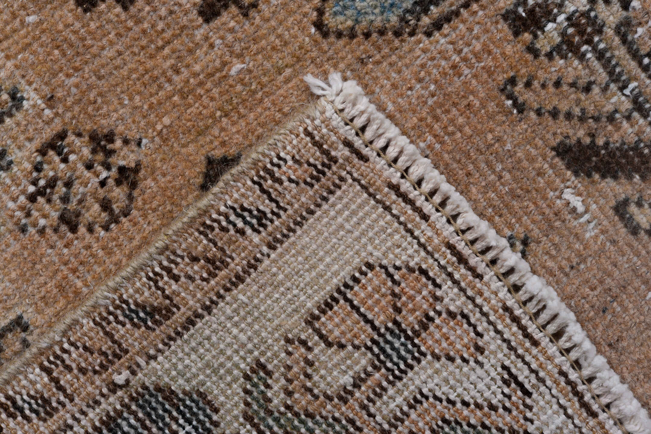 3' x 11' one-of-a-kind handmade antique Heriz runner rug. Color palette: camel, ivory, sky blue, taupe, charcoal, brown