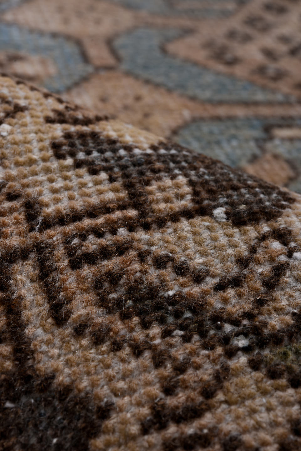3' x 11' one-of-a-kind handmade antique Heriz runner rug. Color palette: camel, ivory, sky blue, taupe, charcoal, brown