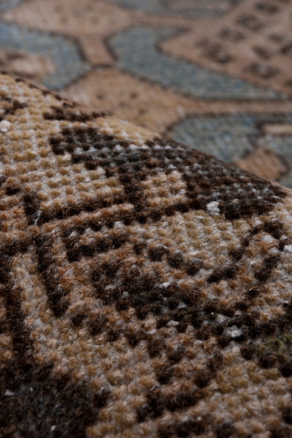 3' x 11' one-of-a-kind handmade antique Heriz runner rug. Color palette: camel, ivory, sky blue, taupe, charcoal, brown