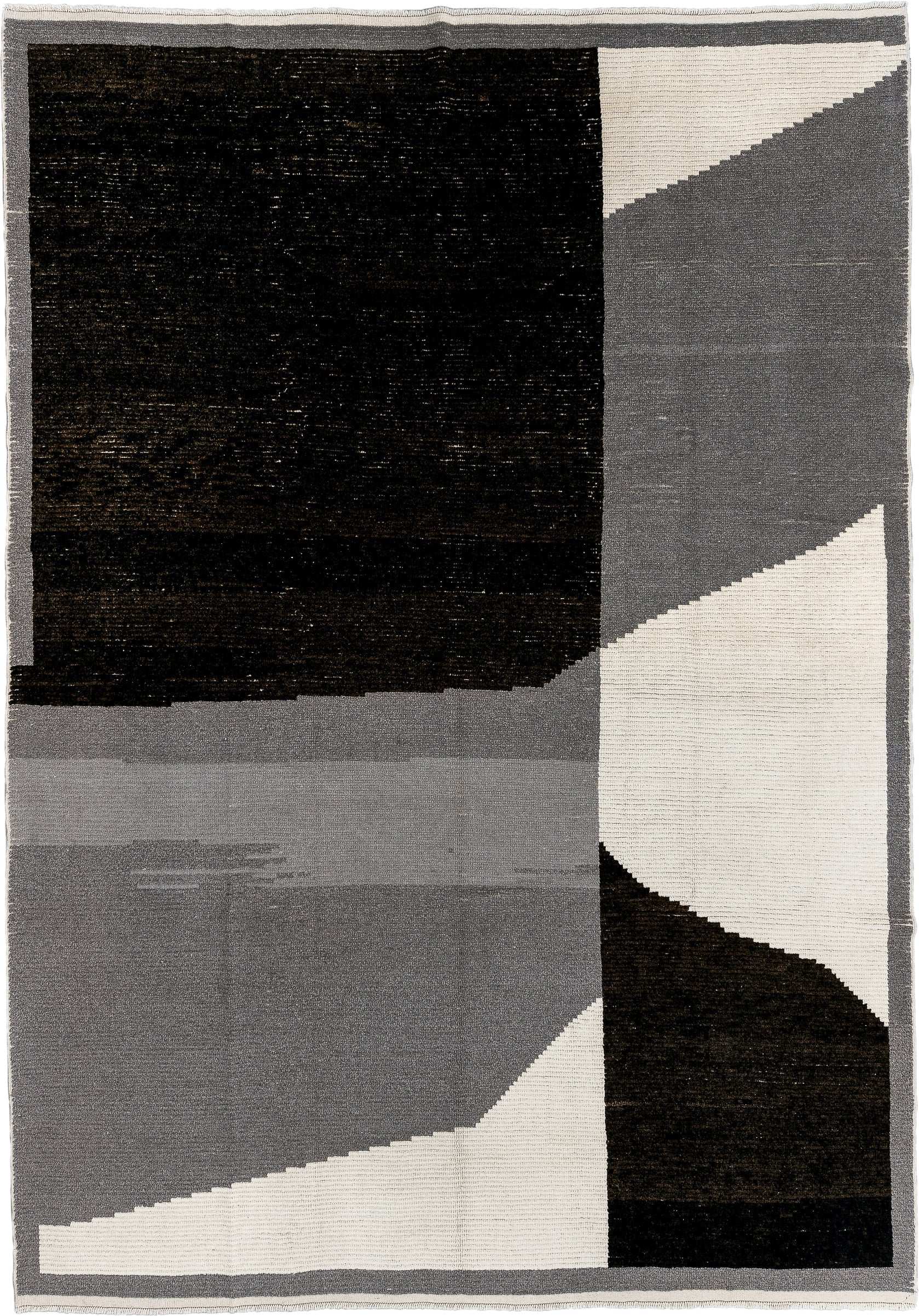 10' x 14' one-of-a-kind handmade vintage Tulu large size rug. Color palette: charcoal, black, ivory, gray