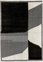 10' x 14' one-of-a-kind handmade vintage Tulu large size rug. Color palette: charcoal, black, ivory, gray