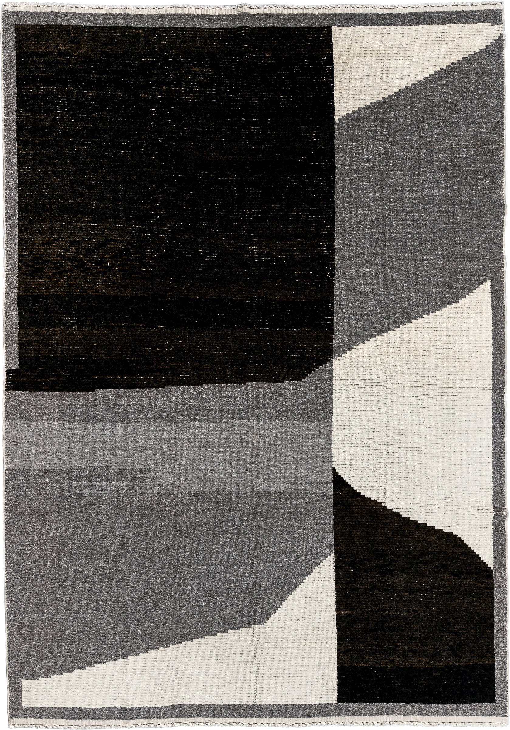 10' x 14' one-of-a-kind handmade vintage Tulu large size rug. Color palette: charcoal, black, ivory, gray