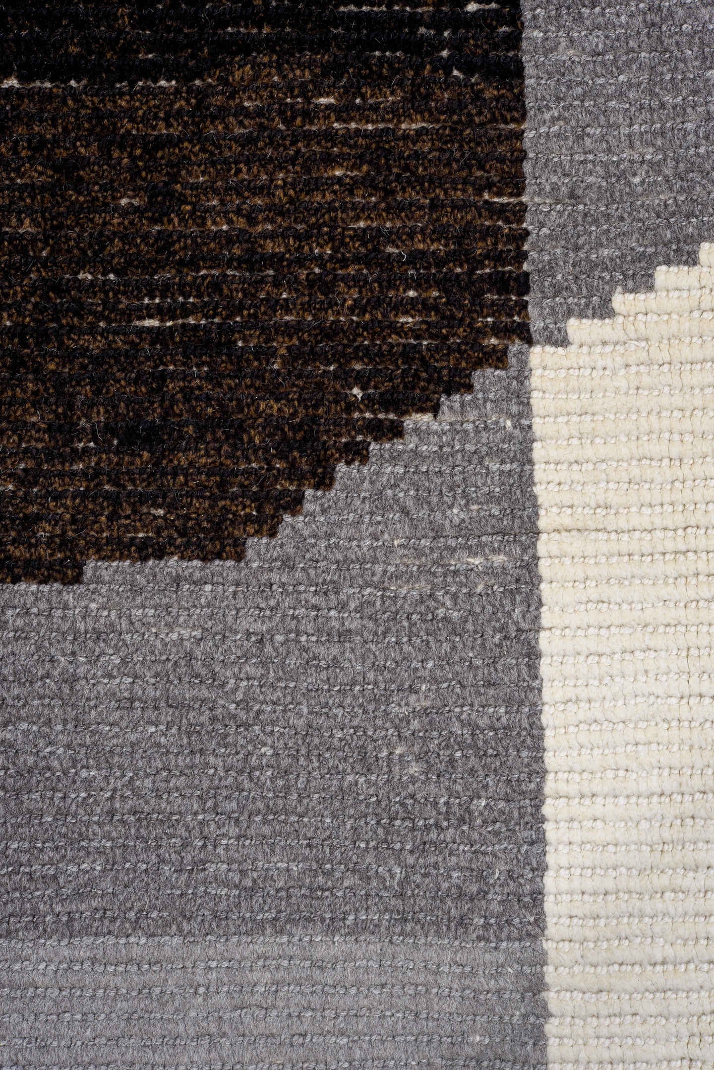 10' x 14' one-of-a-kind handmade vintage Tulu large size rug. Color palette: charcoal, black, ivory, gray