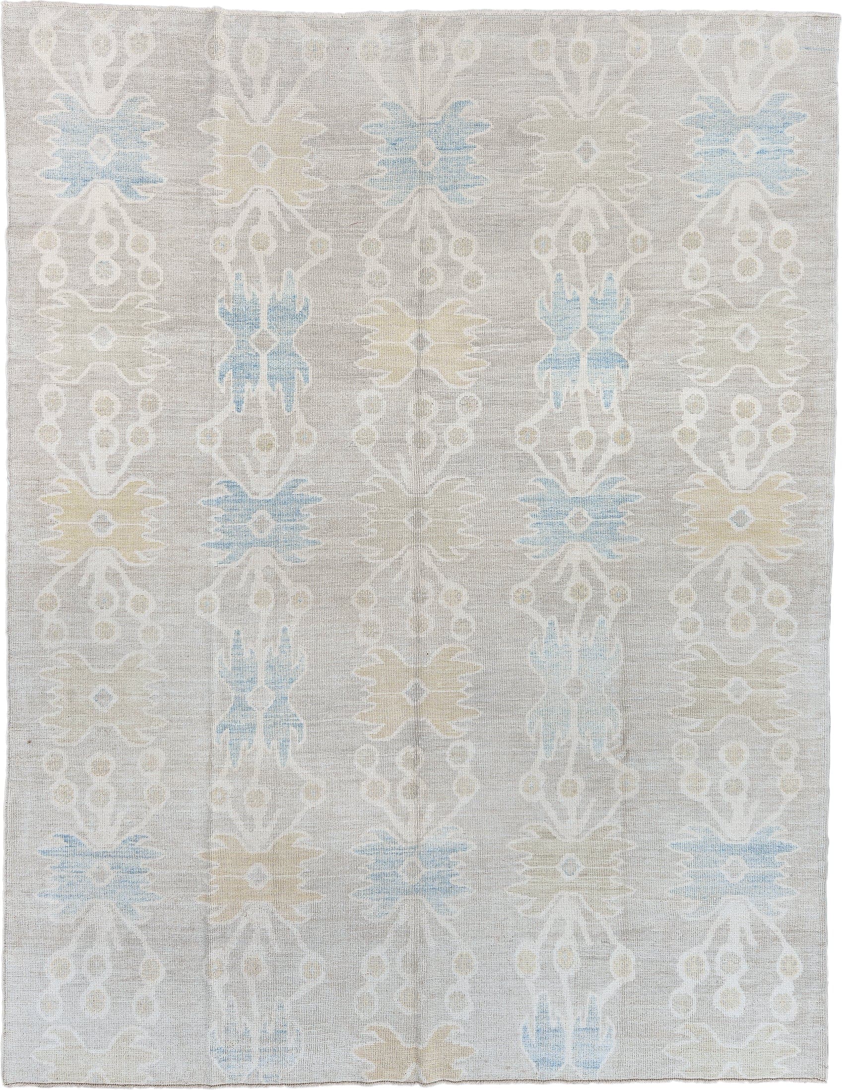 9' x 12' one-of-a-kind handmade vintage Oushak large size rug. Color palette: taupe, ivory, pale blue, soft gold, beige