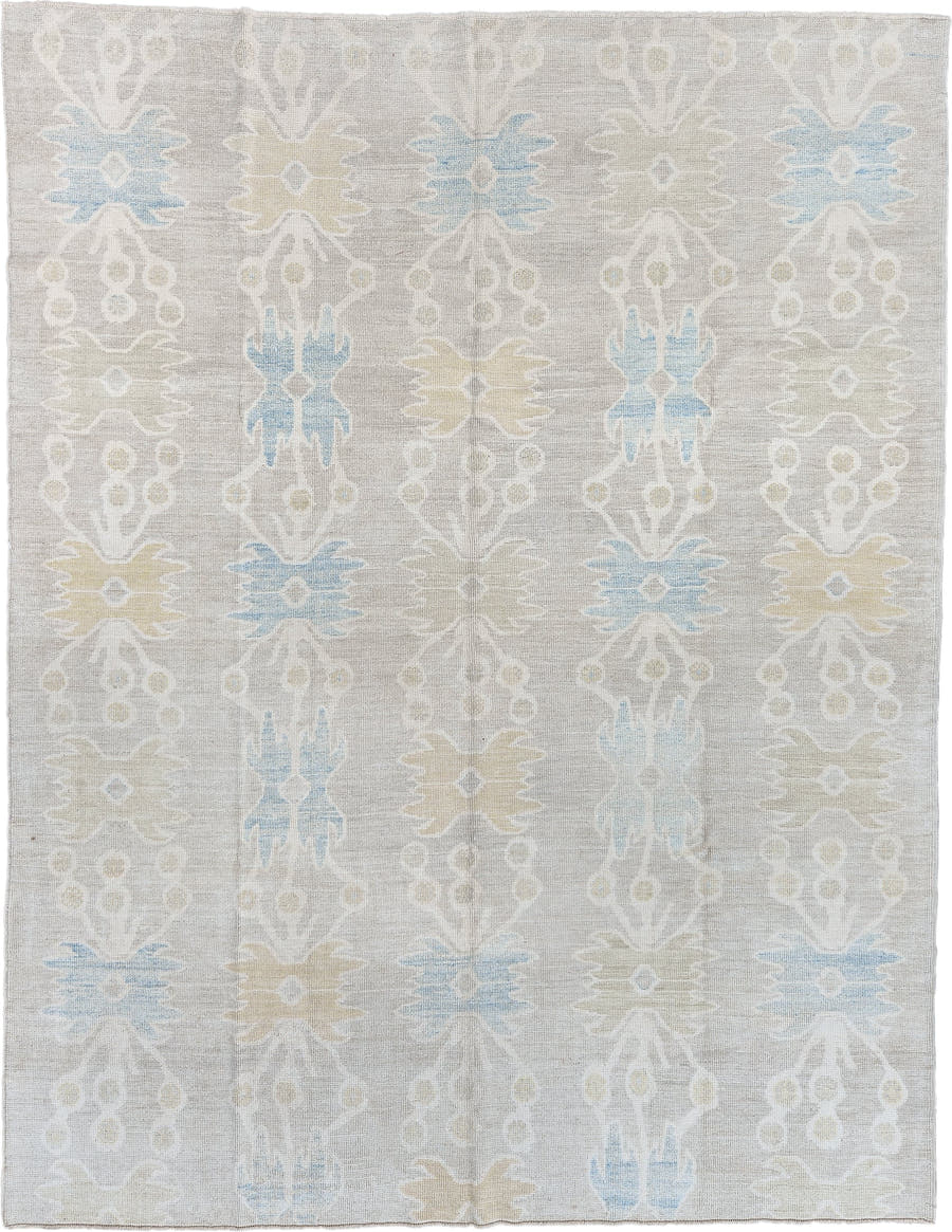 9' x 12' one-of-a-kind handmade vintage Oushak large size rug. Color palette: taupe, ivory, pale blue, soft gold, beige