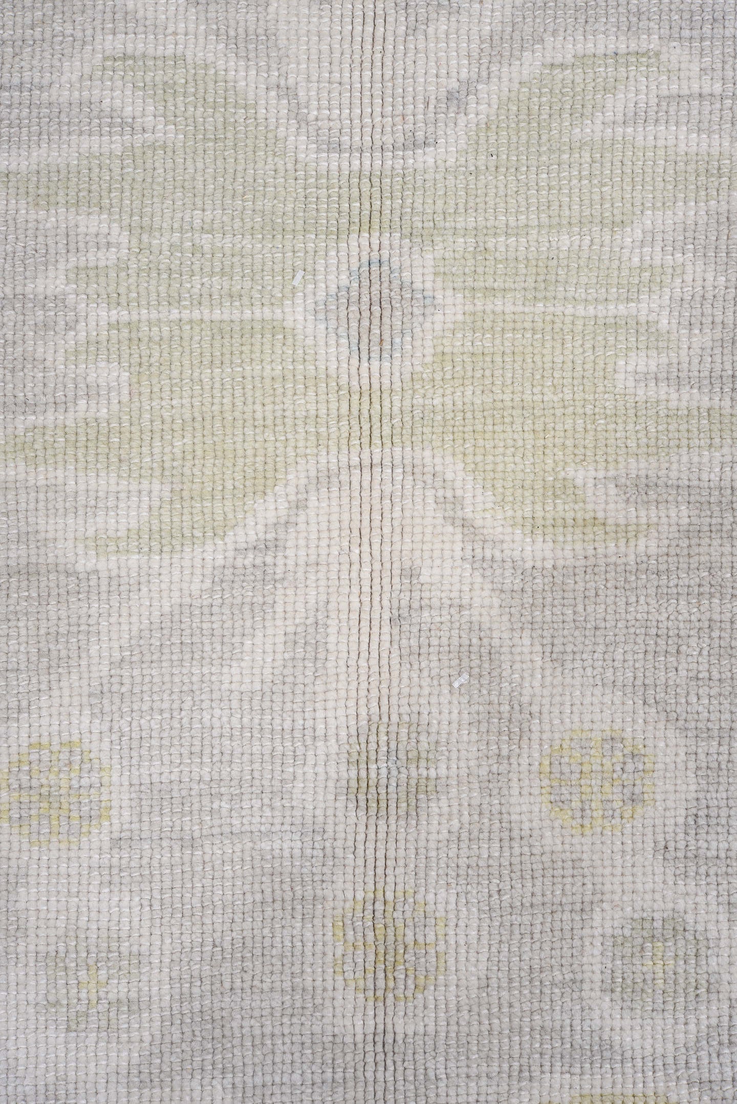 9' x 12' one-of-a-kind handmade vintage Oushak large size rug. Color palette: taupe, ivory, pale blue, soft gold, beige