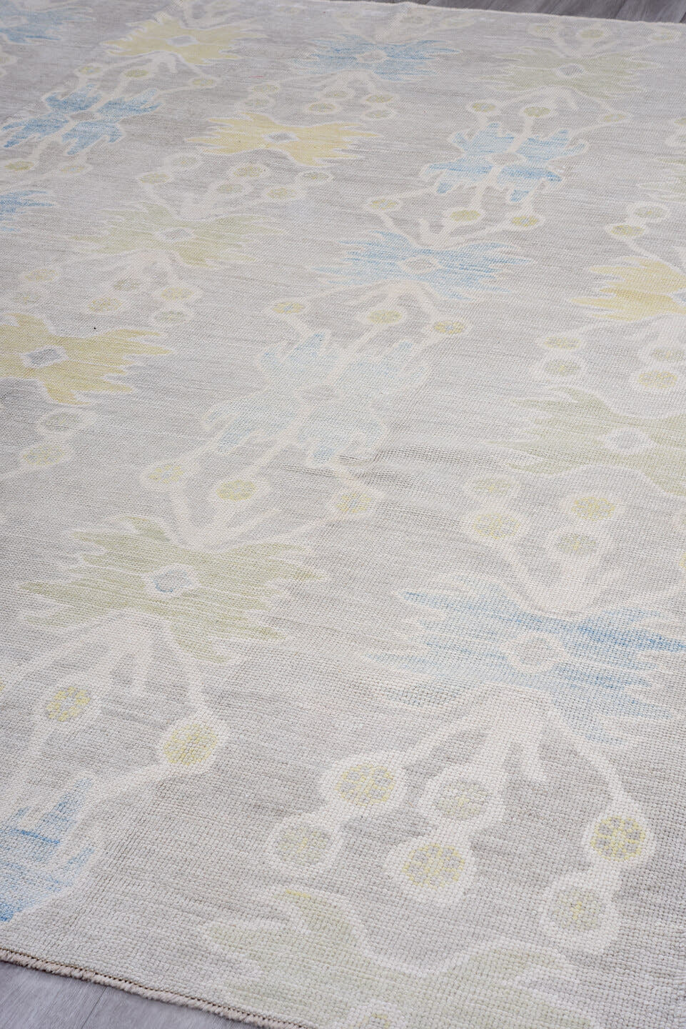 9' x 12' one-of-a-kind handmade vintage Oushak large size rug. Color palette: taupe, ivory, pale blue, soft gold, beige