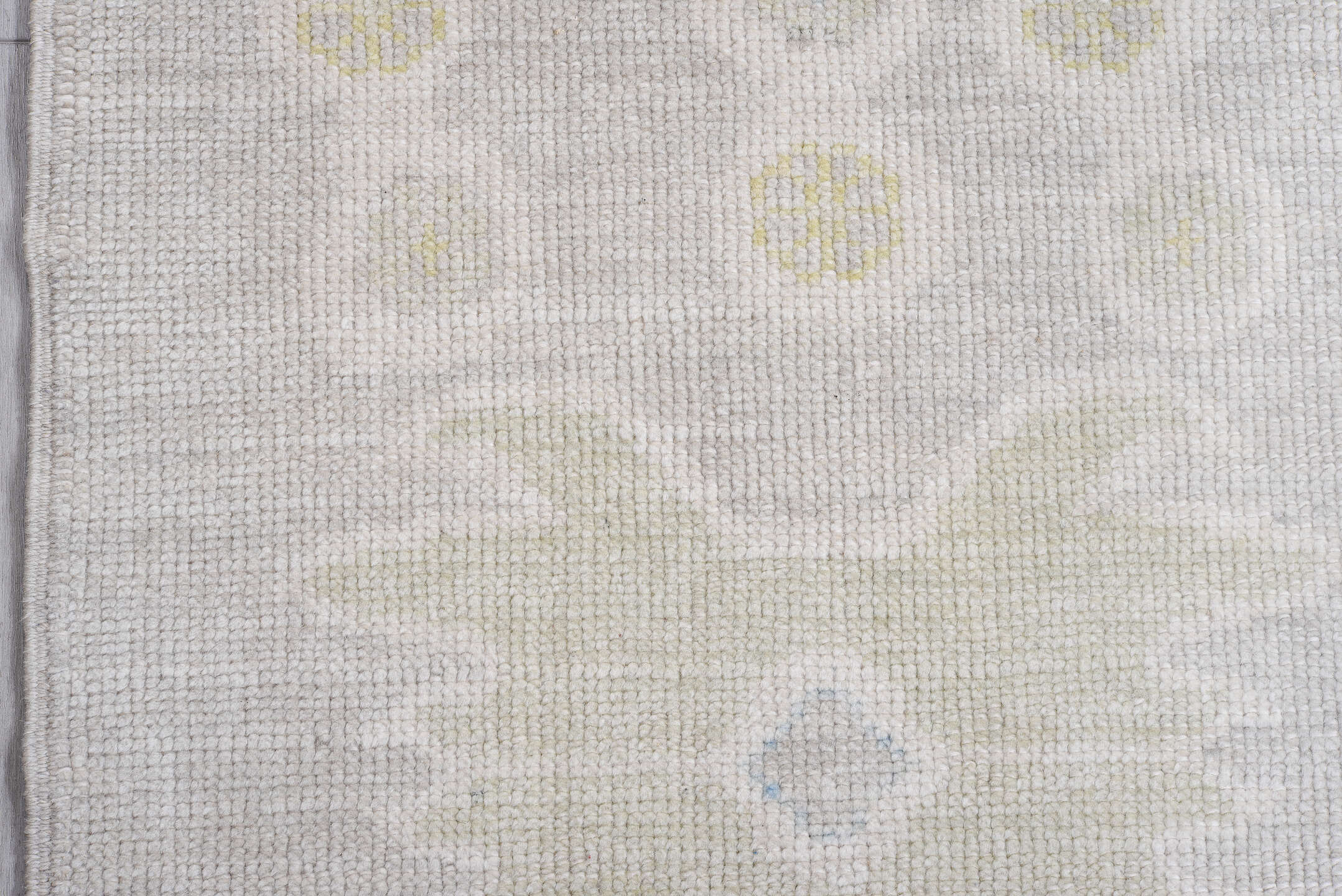 9' x 12' one-of-a-kind handmade vintage Oushak large size rug. Color palette: taupe, ivory, pale blue, soft gold, beige
