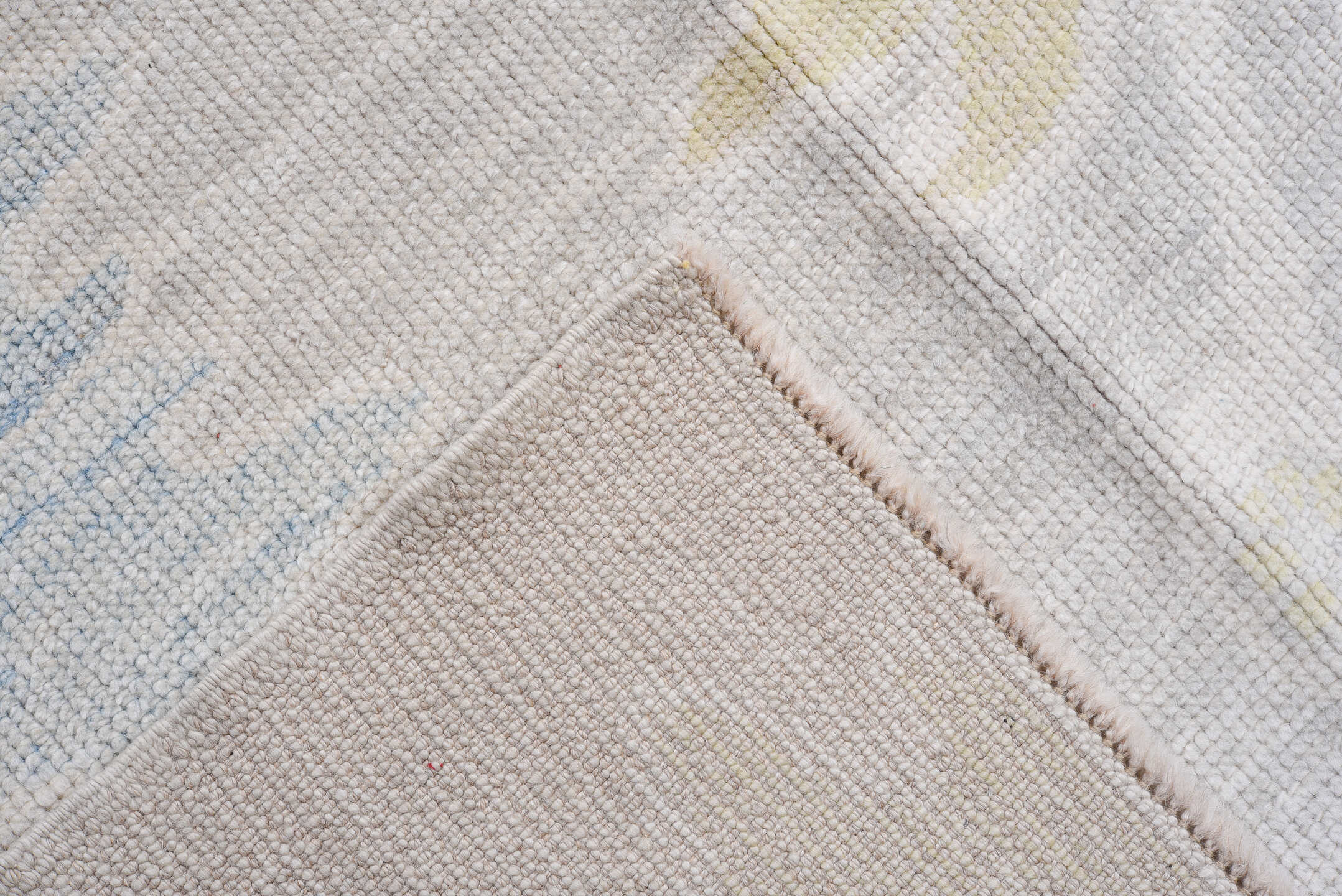 9' x 12' one-of-a-kind handmade vintage Oushak large size rug. Color palette: taupe, ivory, pale blue, soft gold, beige