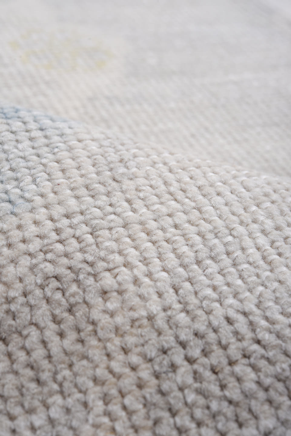9' x 12' one-of-a-kind handmade vintage Oushak large size rug. Color palette: taupe, ivory, pale blue, soft gold, beige