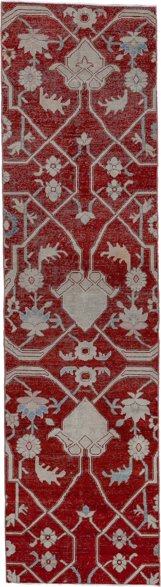 2' x 9' one-of-a-kind handmade vintage Oushak runner rug. Color palette: rust, ivory, sky_blue, rose, crimson, terracotta