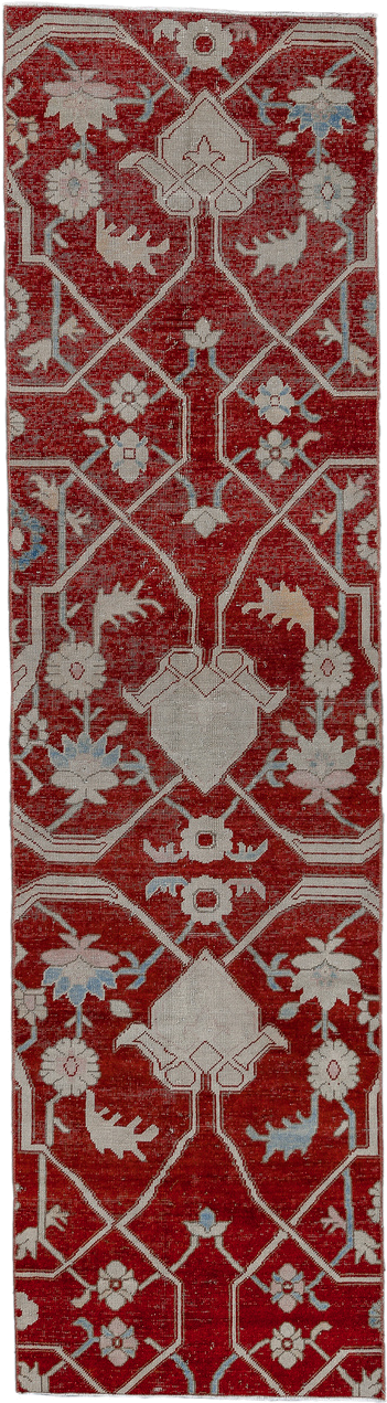 2' x 9' one-of-a-kind handmade vintage Oushak runner rug. Color palette: rust, ivory, sky_blue, rose, crimson, terracotta