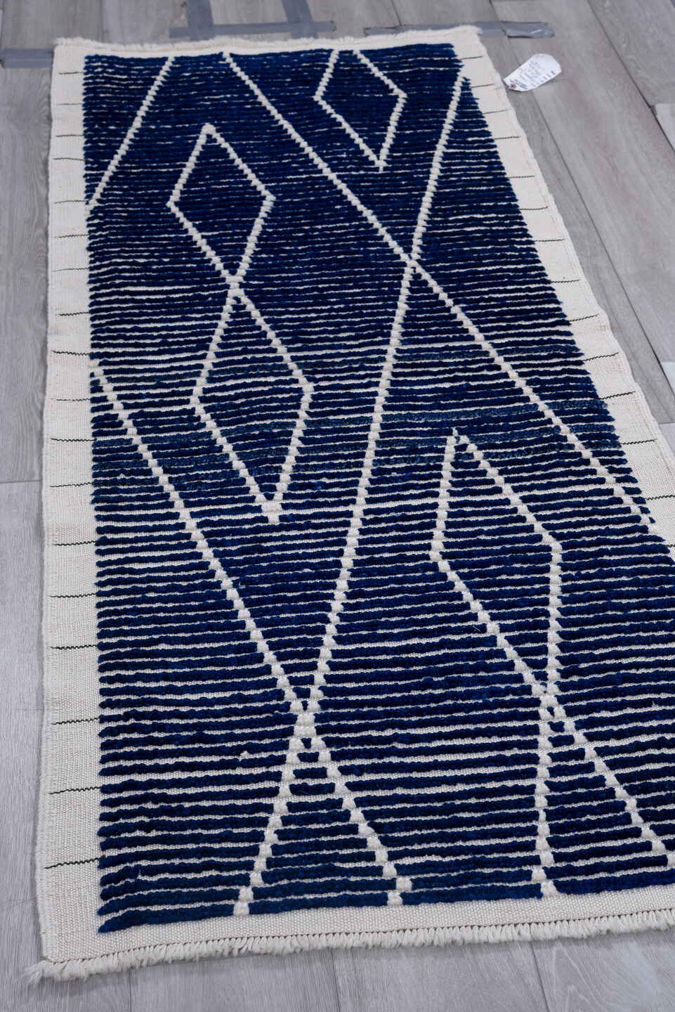 2' x 6' one-of-a-kind handmade vintage Tulu runner rug. Color palette: black, blue, dark gray, dim gray, gainsboro, gray