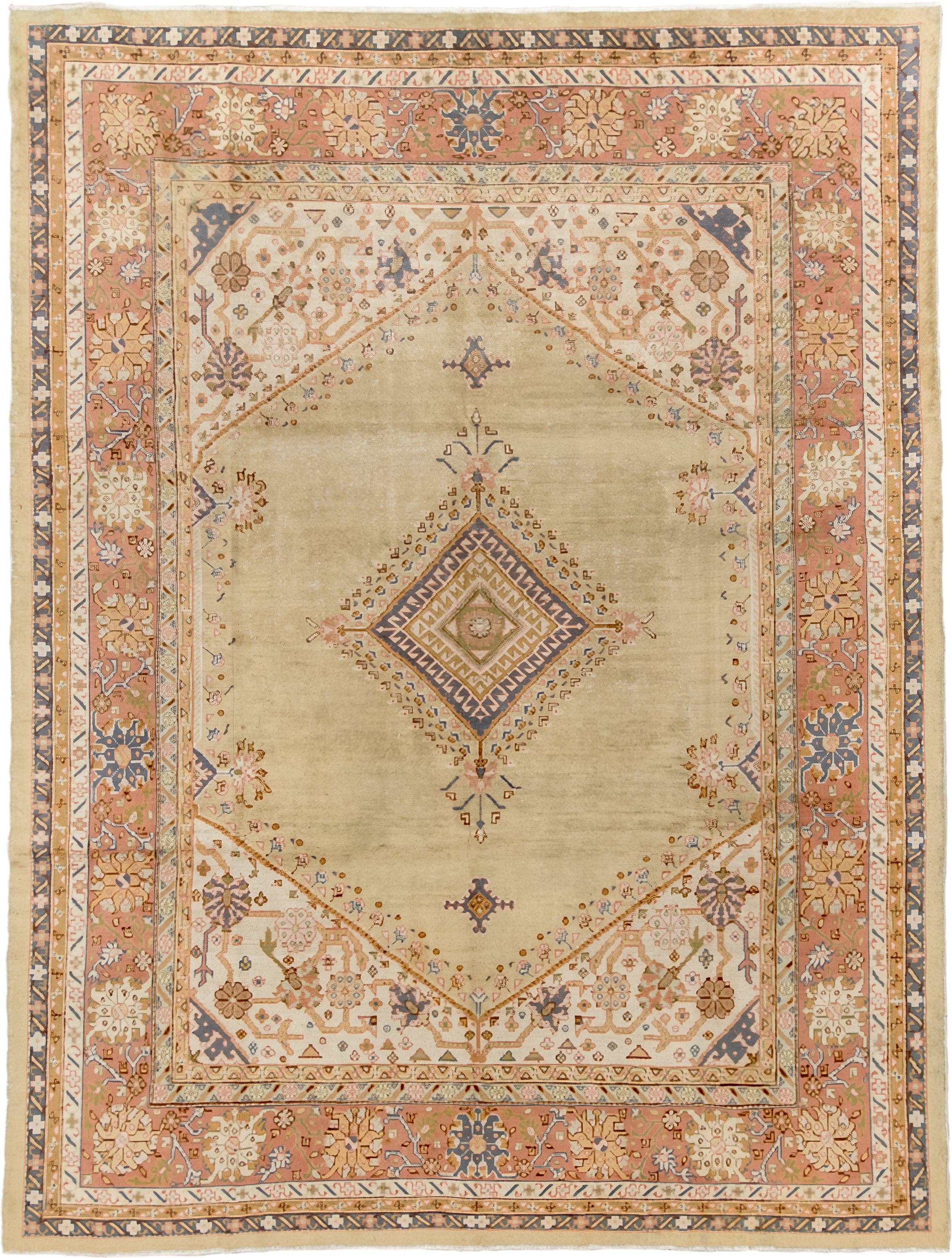 8' x 11' one-of-a-kind handmade antique Sivas large size rug. Color palette: ivory, sand, peach, slate blue, taupe