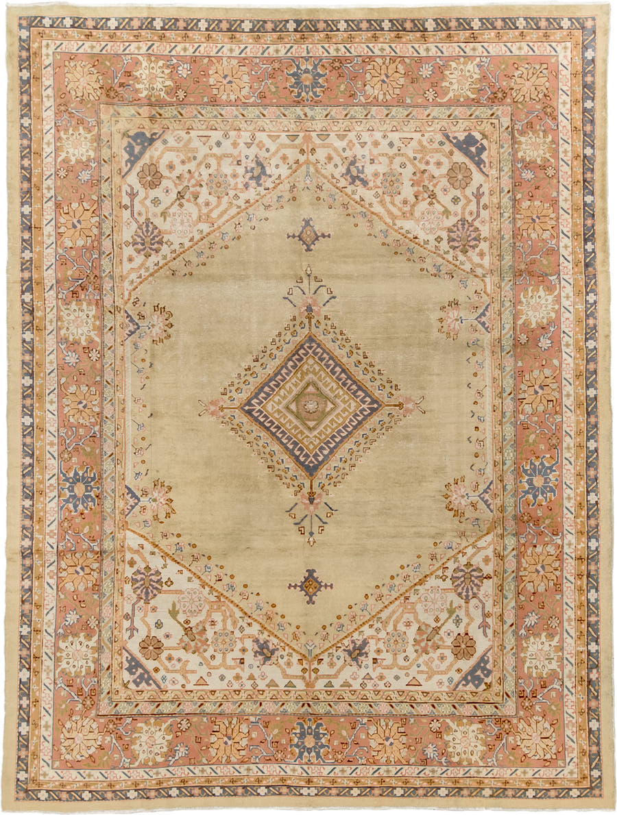 8' x 11' one-of-a-kind handmade antique Sivas large size rug. Color palette: ivory, sand, peach, slate blue, taupe