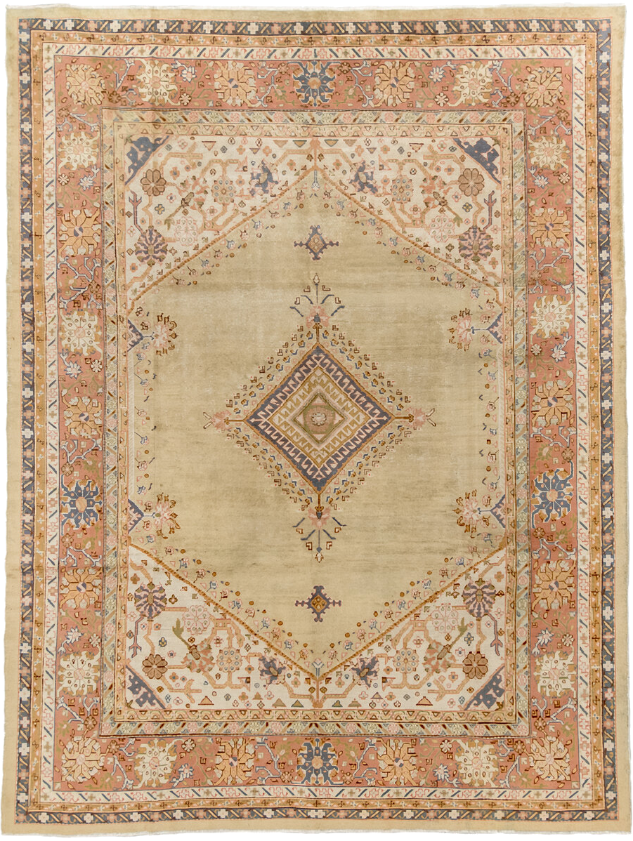 8' x 11' one-of-a-kind handmade antique Sivas large size rug. Color palette: ivory, sand, peach, slate blue, taupe