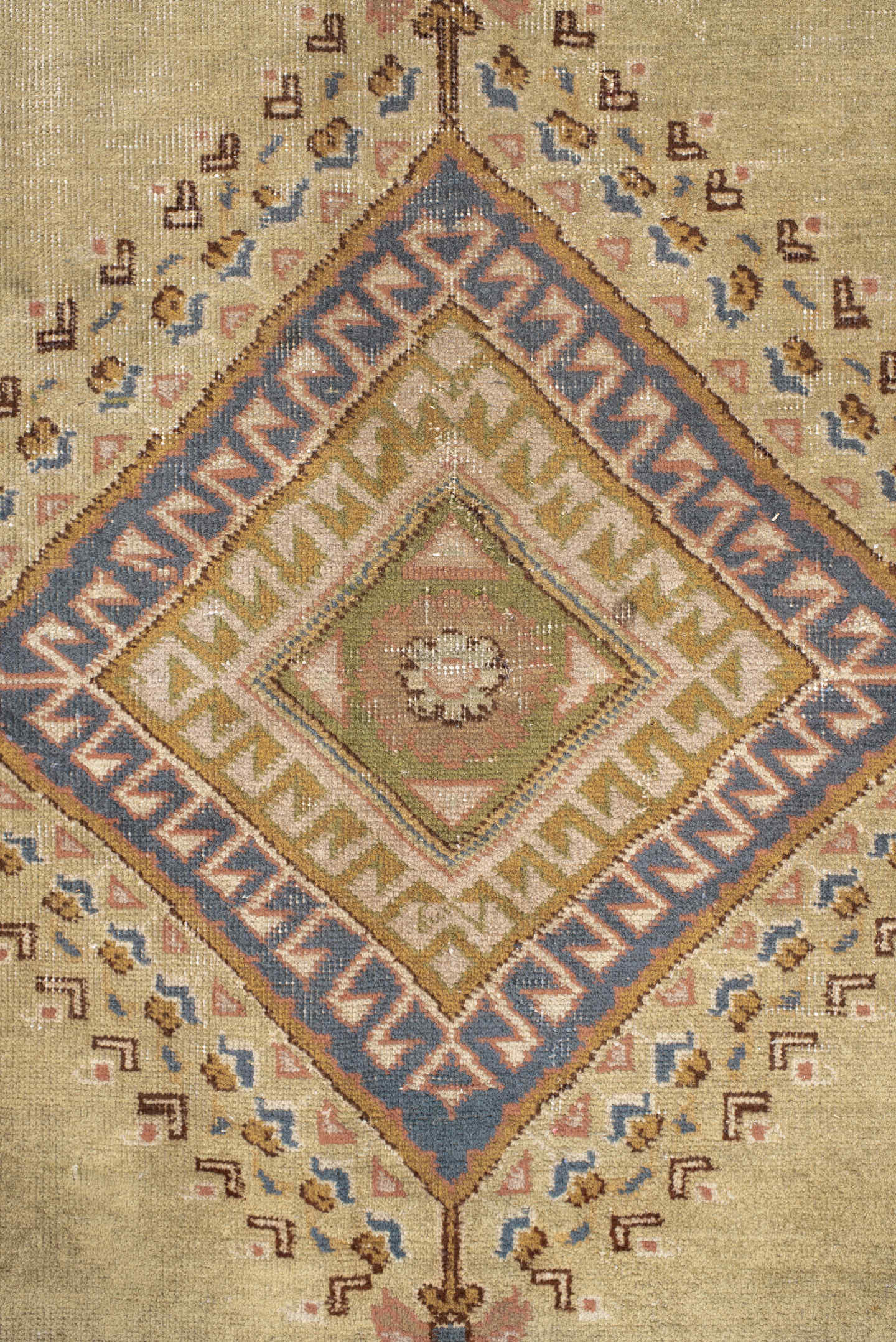 8' x 11' one-of-a-kind handmade antique Sivas large size rug. Color palette: ivory, sand, peach, slate blue, taupe