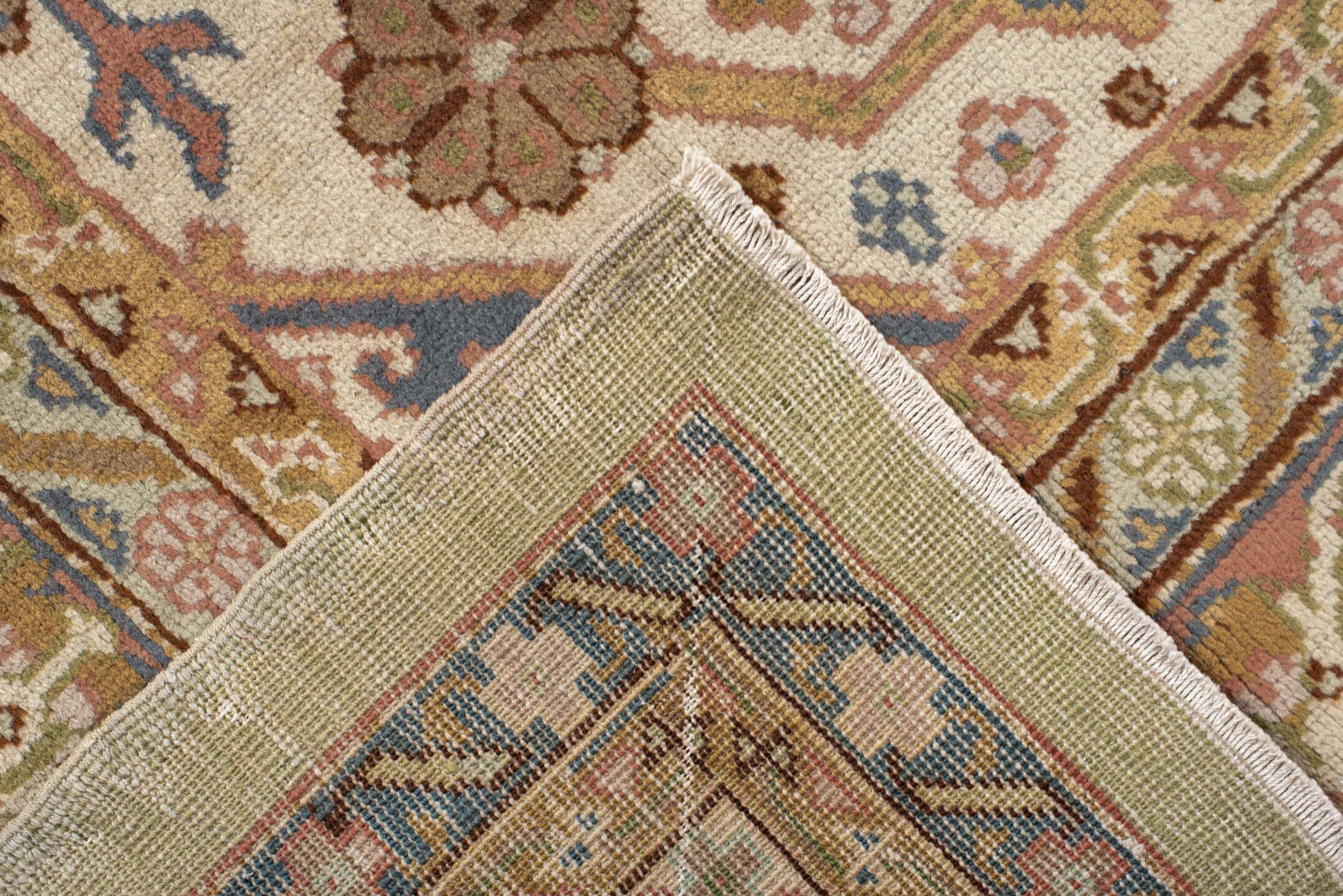 8' x 11' one-of-a-kind handmade antique Sivas large size rug. Color palette: ivory, sand, peach, slate blue, taupe