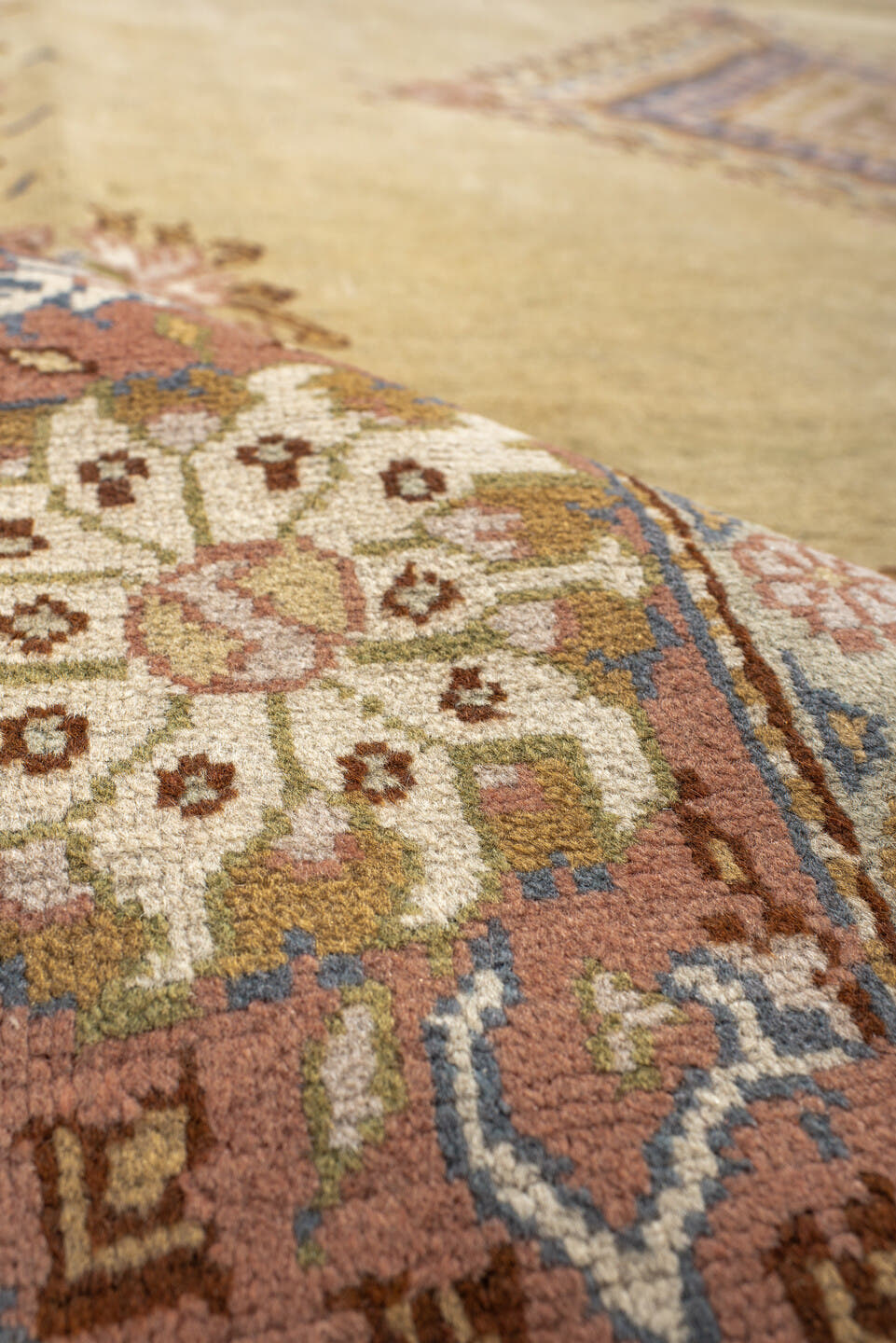 8' x 11' one-of-a-kind handmade antique Sivas large size rug. Color palette: ivory, sand, peach, slate blue, taupe