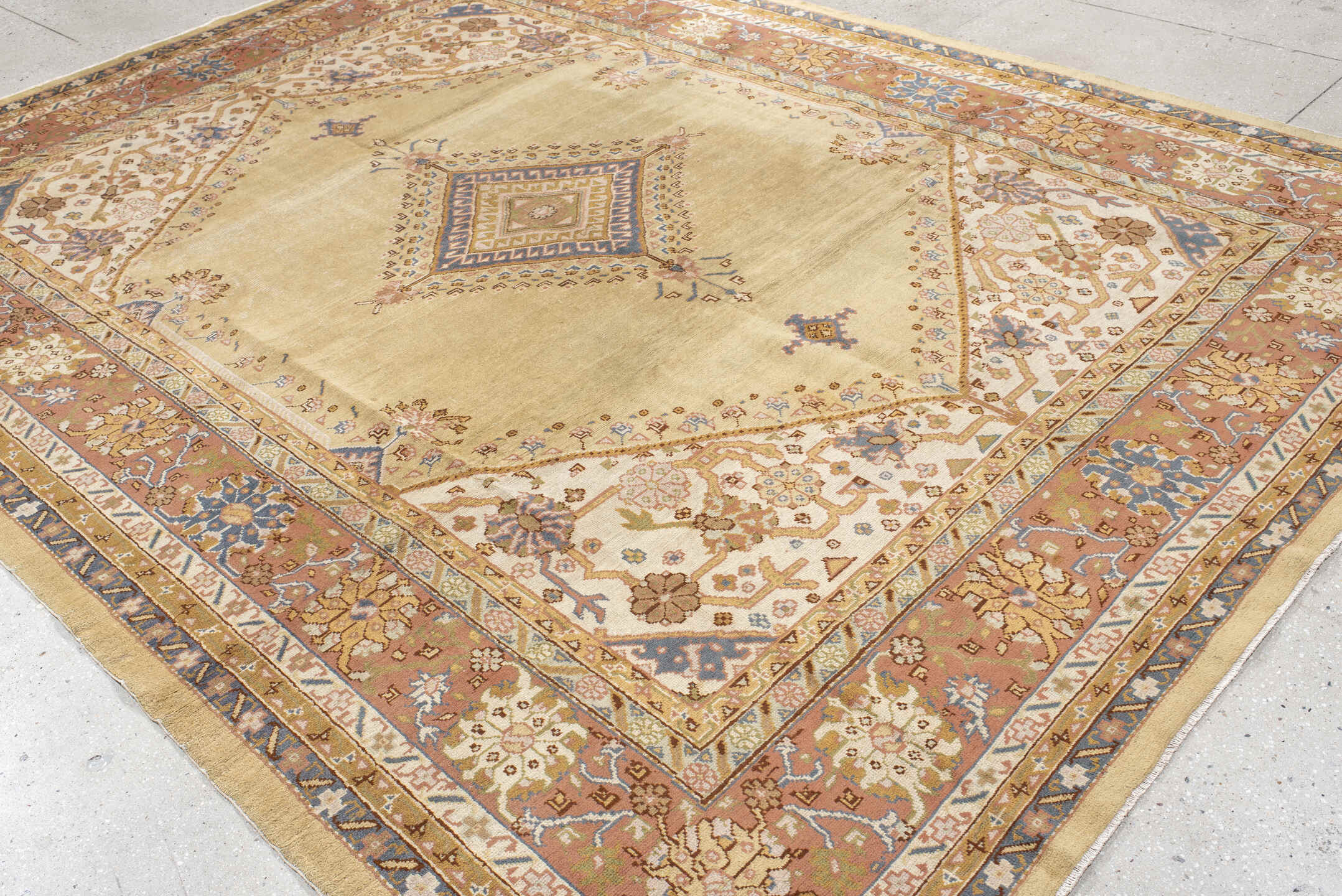 8' x 11' one-of-a-kind handmade antique Sivas large size rug. Color palette: ivory, sand, peach, slate blue, taupe