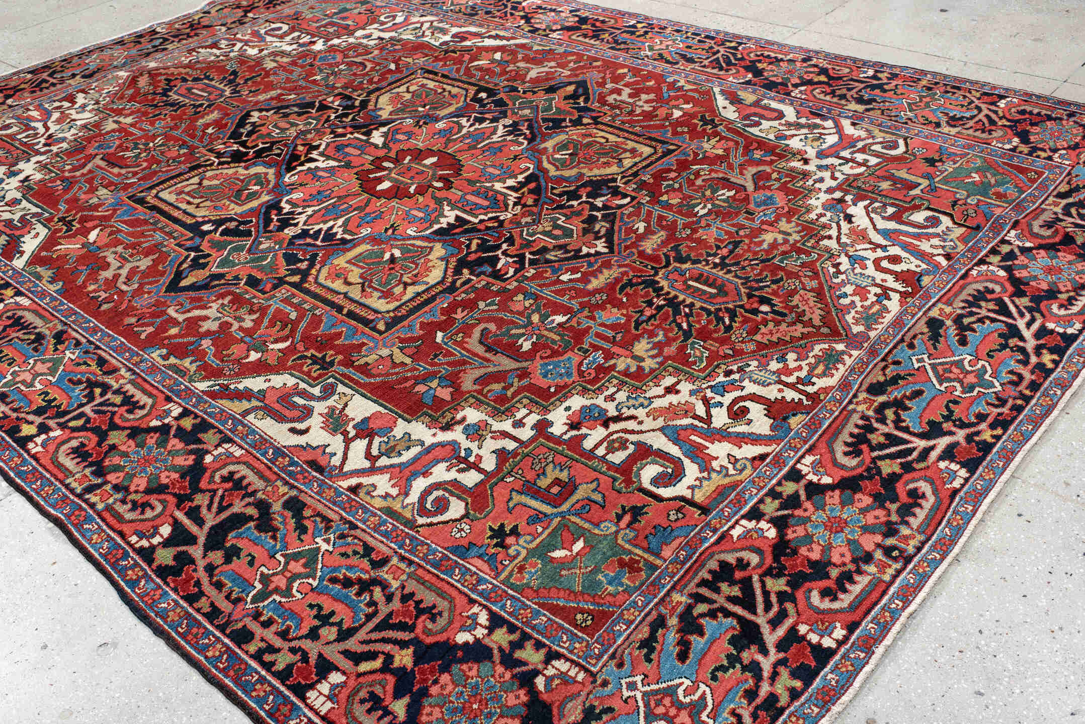 9' x 12' one-of-a-kind handmade vintage Heriz large size rug. Color palette: blue, brown, gray, light gray, off-white