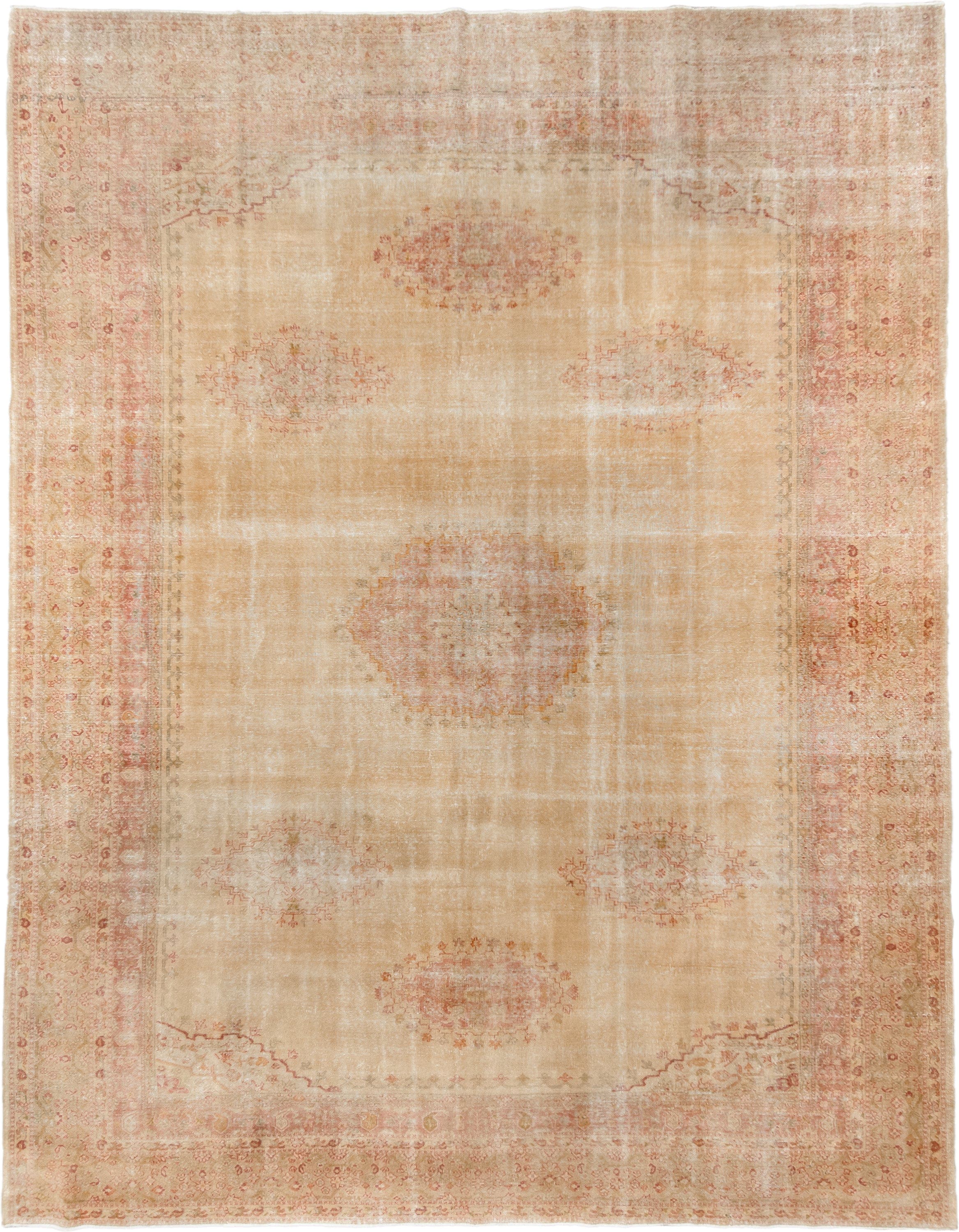 11' x 14' one-of-a-kind handmade antique Sivas oversize rug. Color palette: ivory, sand, blush, pale terracotta, cream