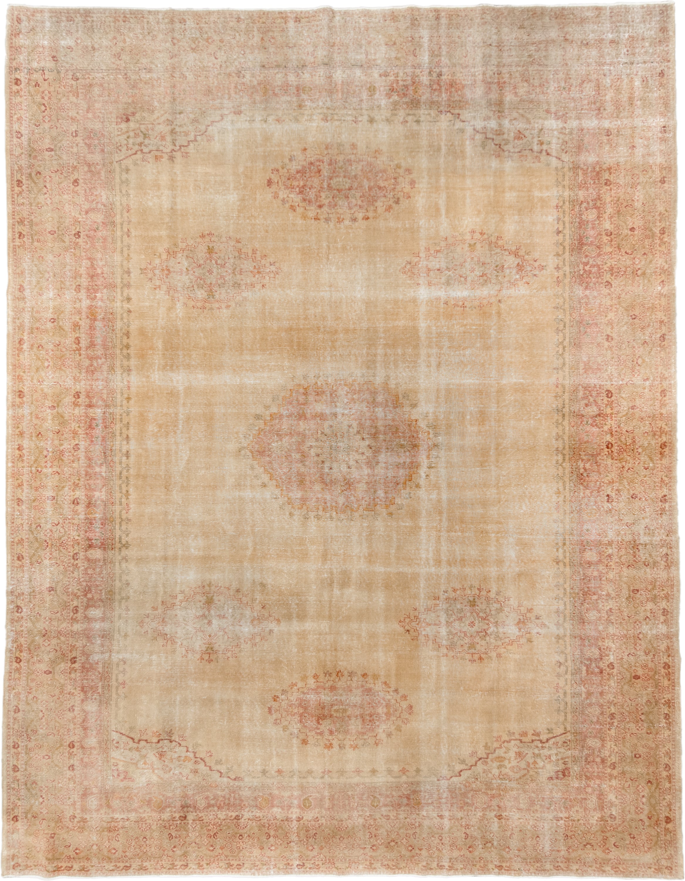 11' x 14' one-of-a-kind handmade antique Sivas oversize rug. Color palette: ivory, sand, blush, pale terracotta, cream