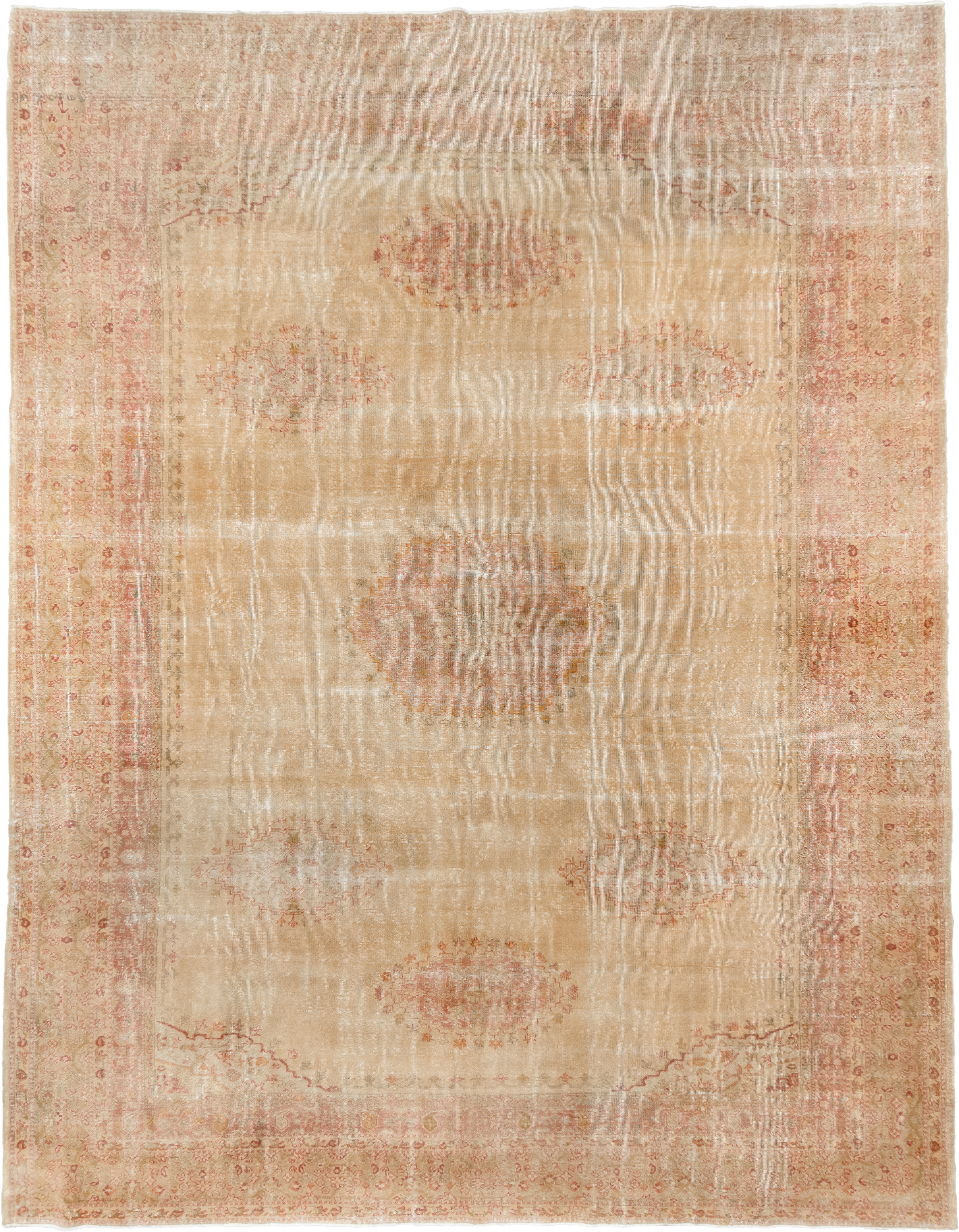 11' x 14' one-of-a-kind handmade antique Sivas oversize rug. Color palette: ivory, sand, blush, pale terracotta, cream