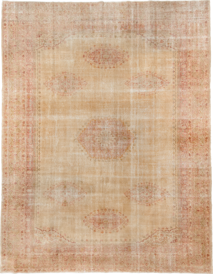 11' x 14' one-of-a-kind handmade vintage Sivas oversize rug. Color palette: brown, gray, light gray, off-white, orange, pink
