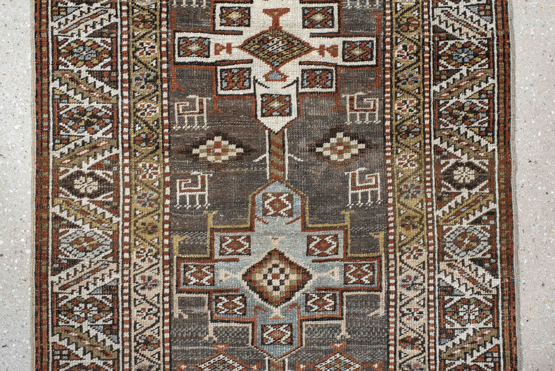 2' x 14' one-of-a-kind handmade antique Heriz runner rug. Color palette: taupe, brown, ivory, rust, camel, charcoal, beige