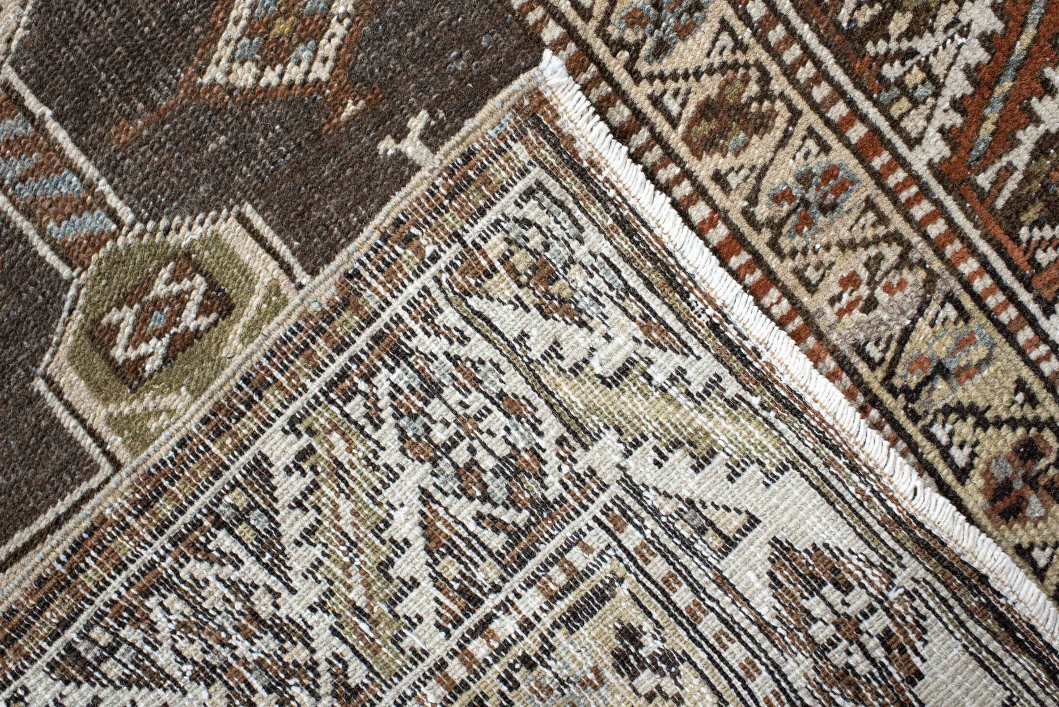 2' x 14' one-of-a-kind handmade antique Heriz runner rug. Color palette: taupe, brown, ivory, rust, camel, charcoal, beige