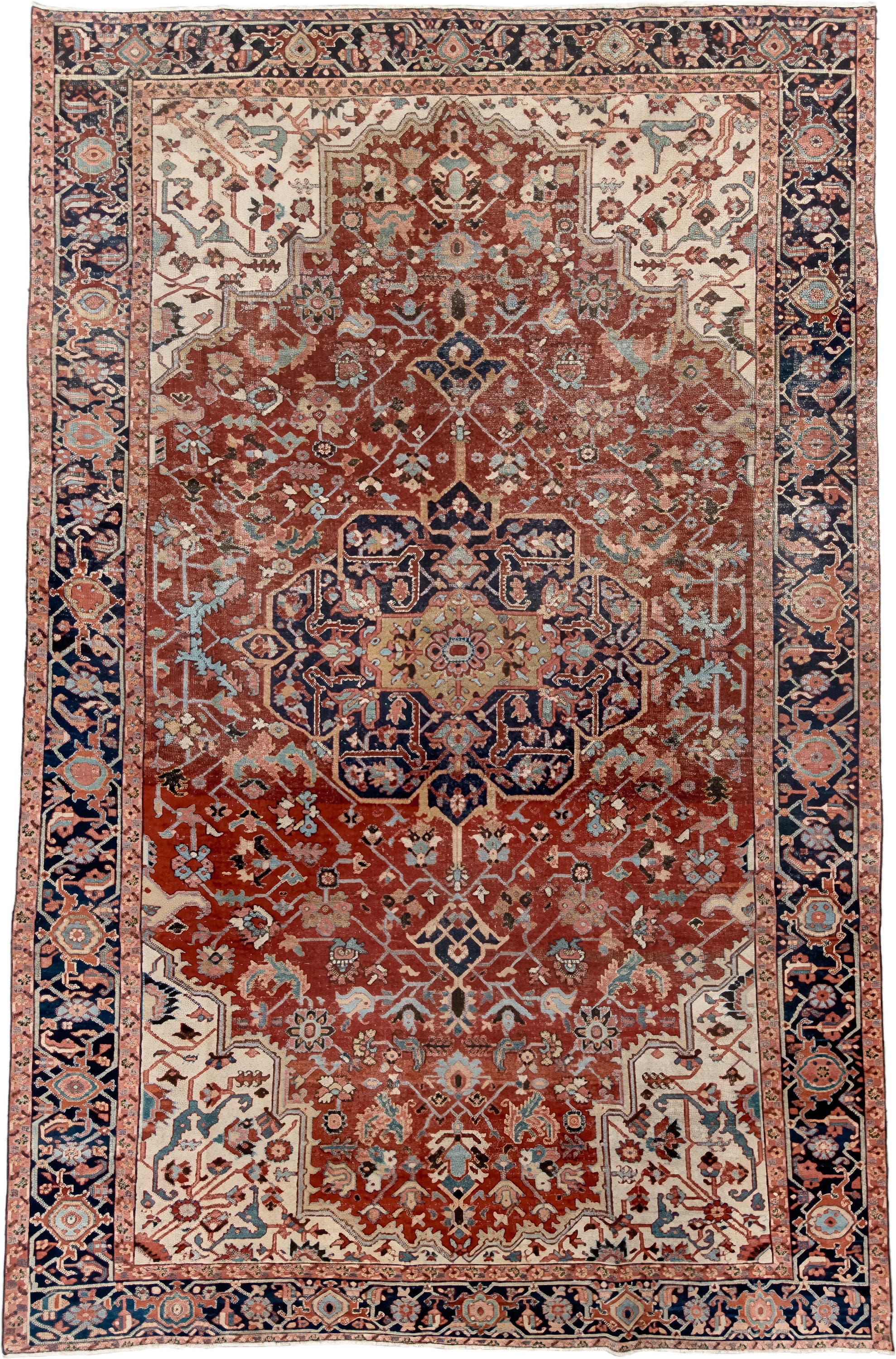 7' x 11' one-of-a-kind handmade antique Heriz large size rug. Color palette: rust, navy, ivory, light_blue, rose, camel