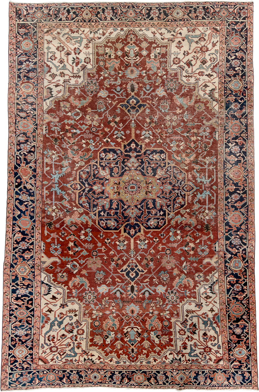 7' x 11' one-of-a-kind handmade antique Heriz large size rug. Color palette: rust, navy, ivory, light_blue, rose, camel