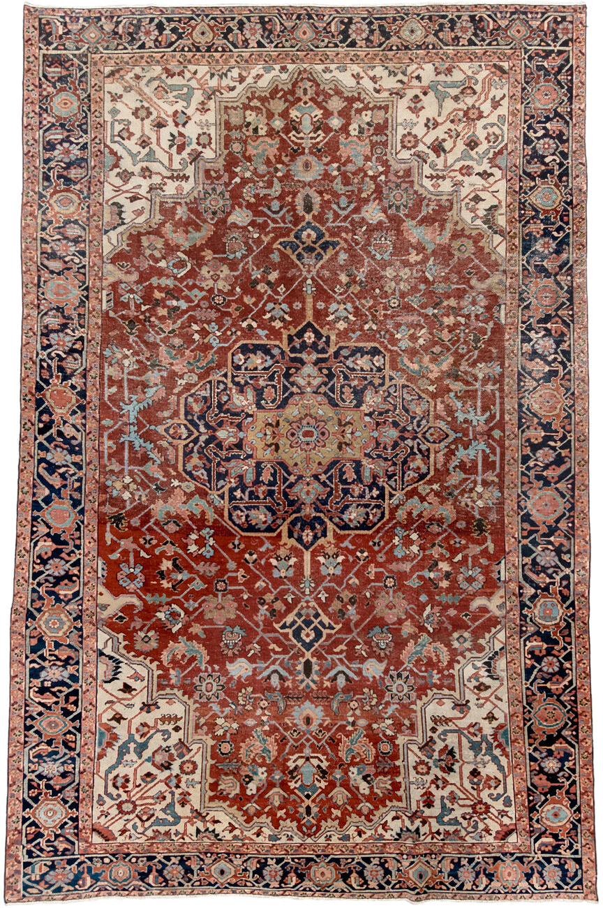 7' x 11' one-of-a-kind handmade antique Heriz large size rug. Color palette: rust, navy, ivory, light_blue, rose, camel