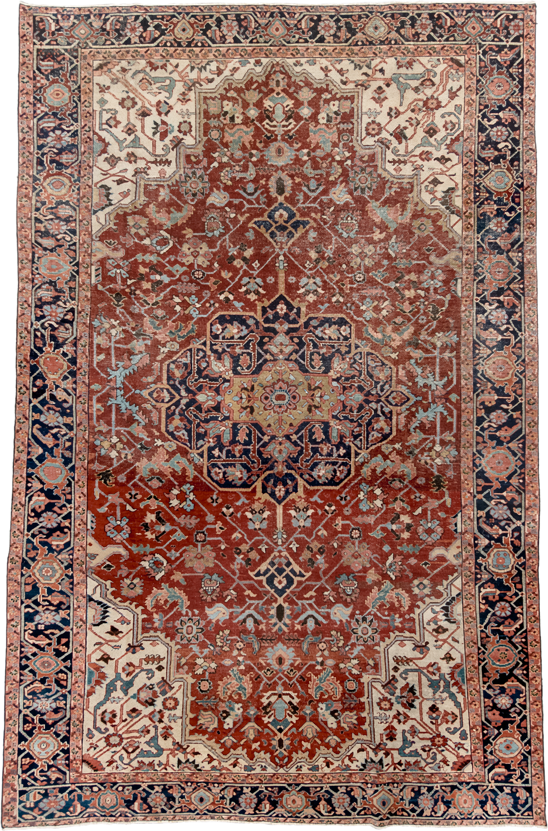 7' x 11' one-of-a-kind handmade antique Heriz large size rug. Color palette: rust, navy, ivory, light_blue, rose, camel