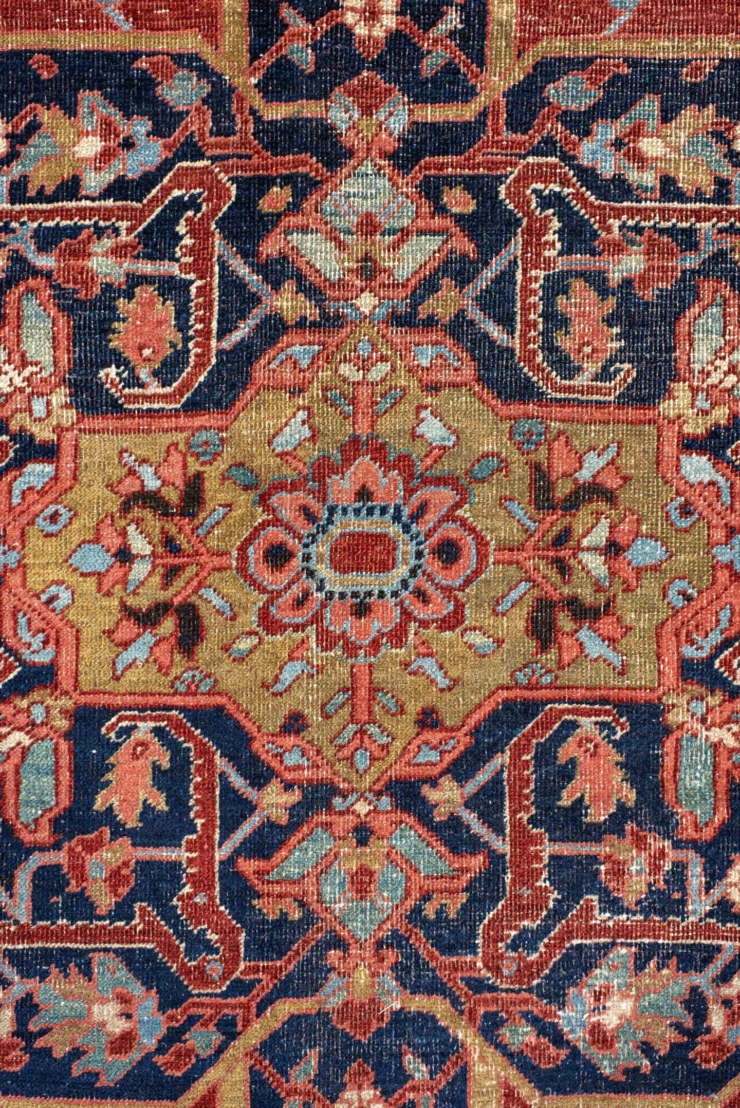 7' x 11' one-of-a-kind handmade antique Heriz large size rug. Color palette: rust, navy, ivory, light_blue, rose, camel