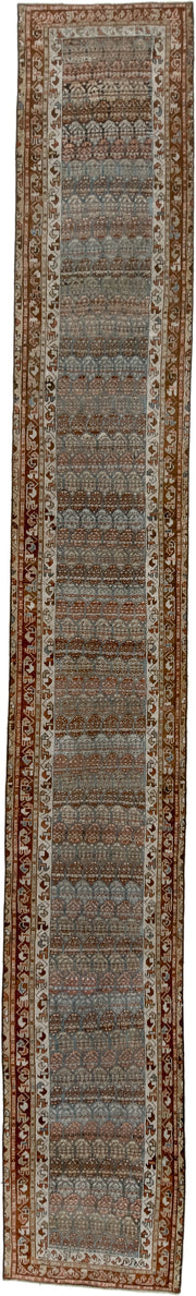 2' x 17' one-of-a-kind handmade antique NW Persian runner rug. Color palette: blue-gray, rust, ivory, camel, taupe, brown